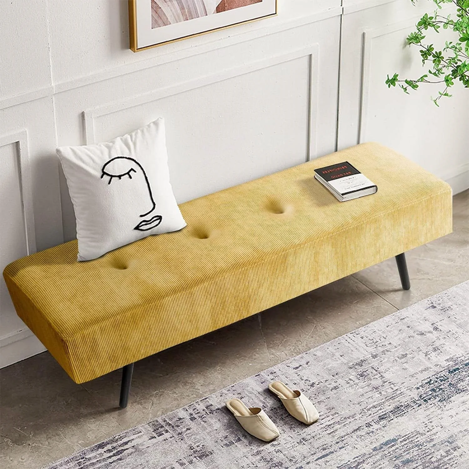 Modern Yellow Corduroy Upholstered End of Bed Bench with Black Metal Legs - Image 2
