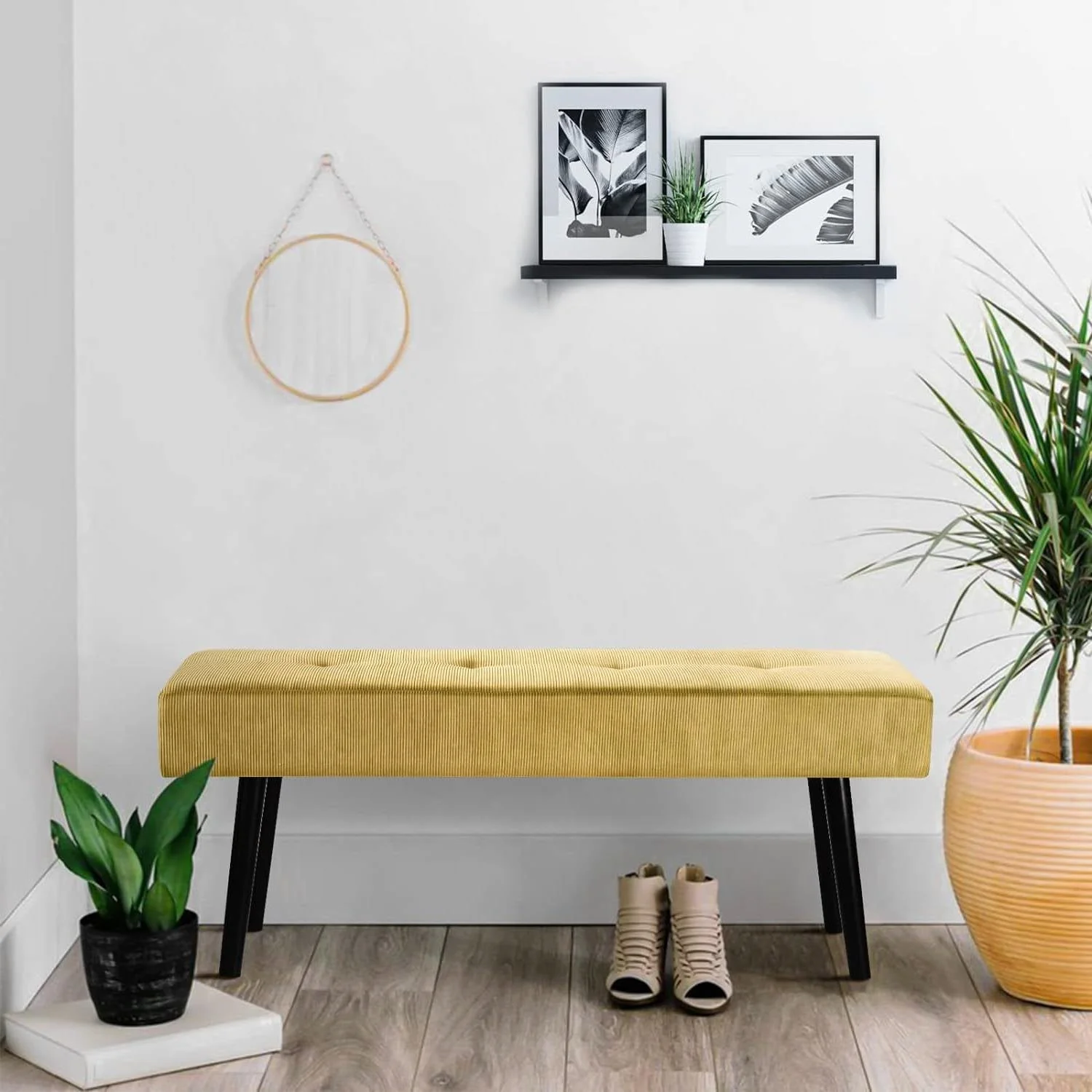 Modern Yellow Corduroy Upholstered End of Bed Bench with Black Metal Legs - Image 3