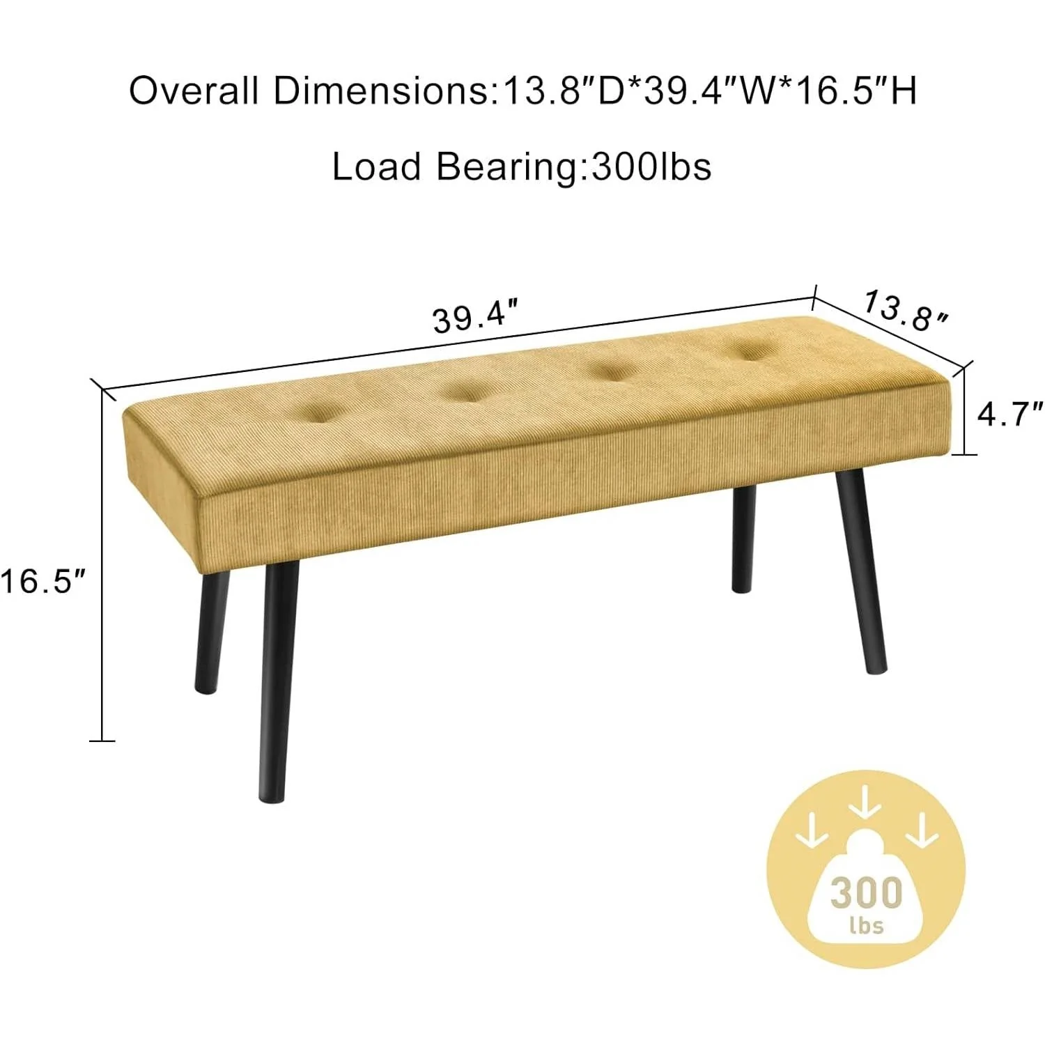 Modern Yellow Corduroy Upholstered End of Bed Bench with Black Metal Legs - Image 5