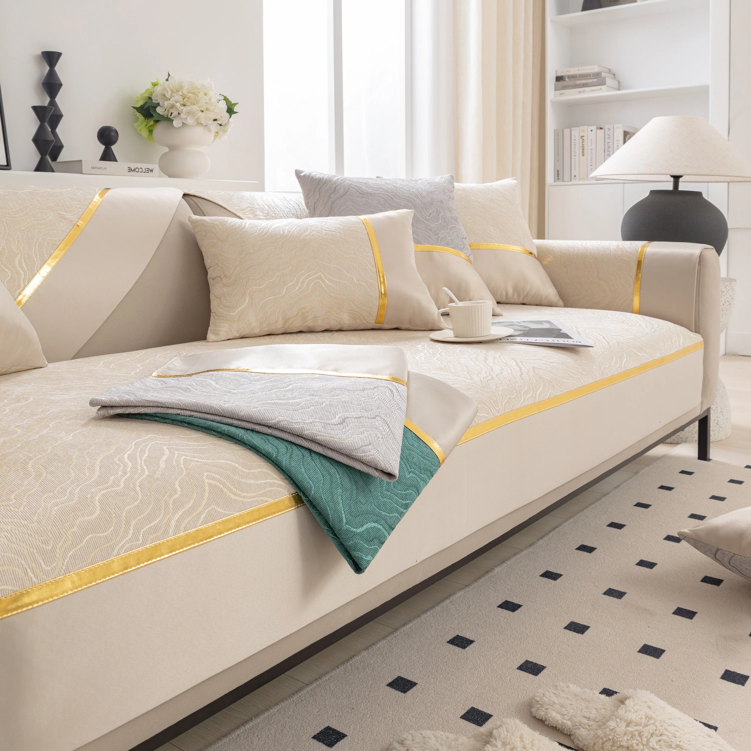Modular Sofa Cover for Sectionals, Gold Striped Non-Slip Couch Protector