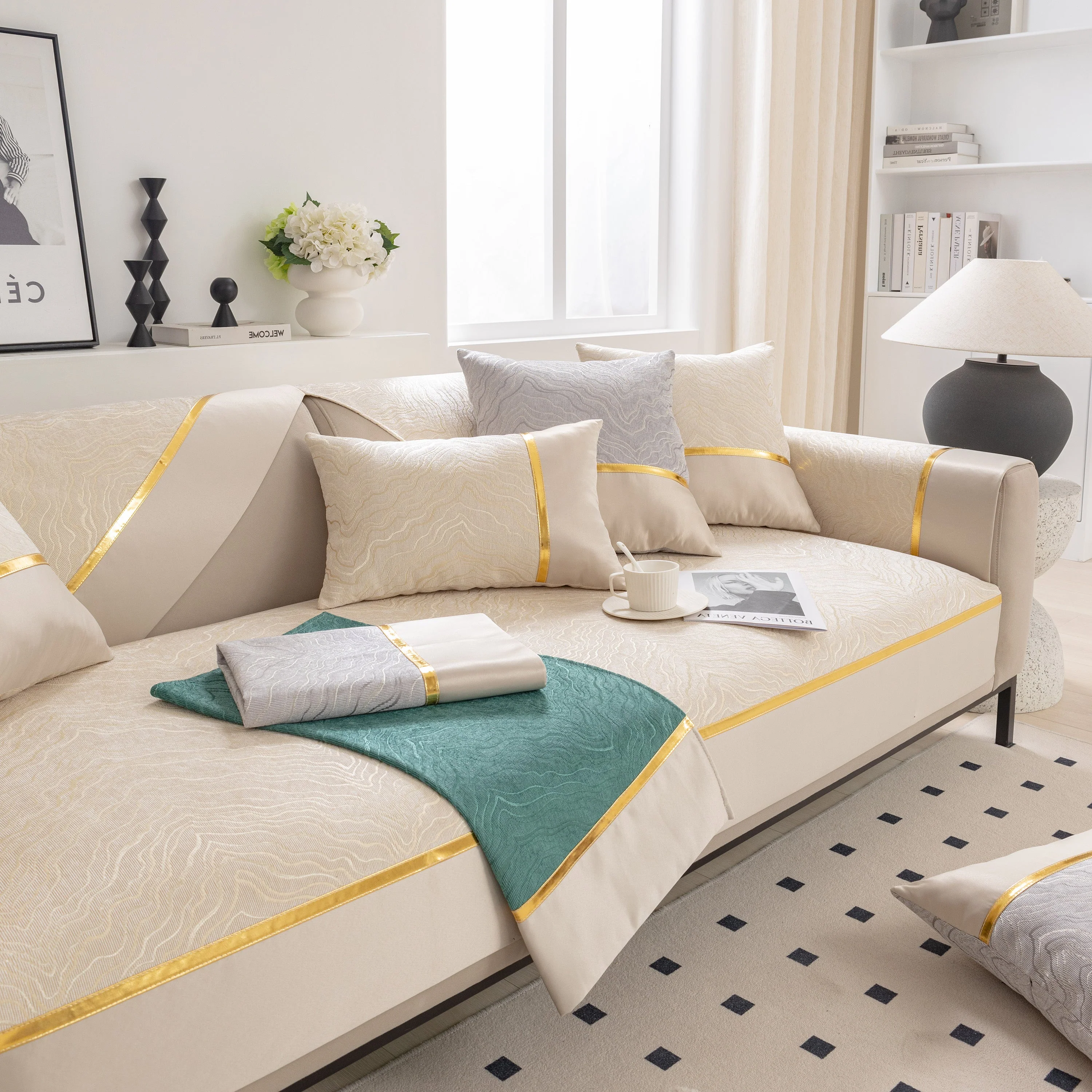 Modular Sofa Cover for Sectionals, Gold Striped Non-Slip Couch Protector - Image 11