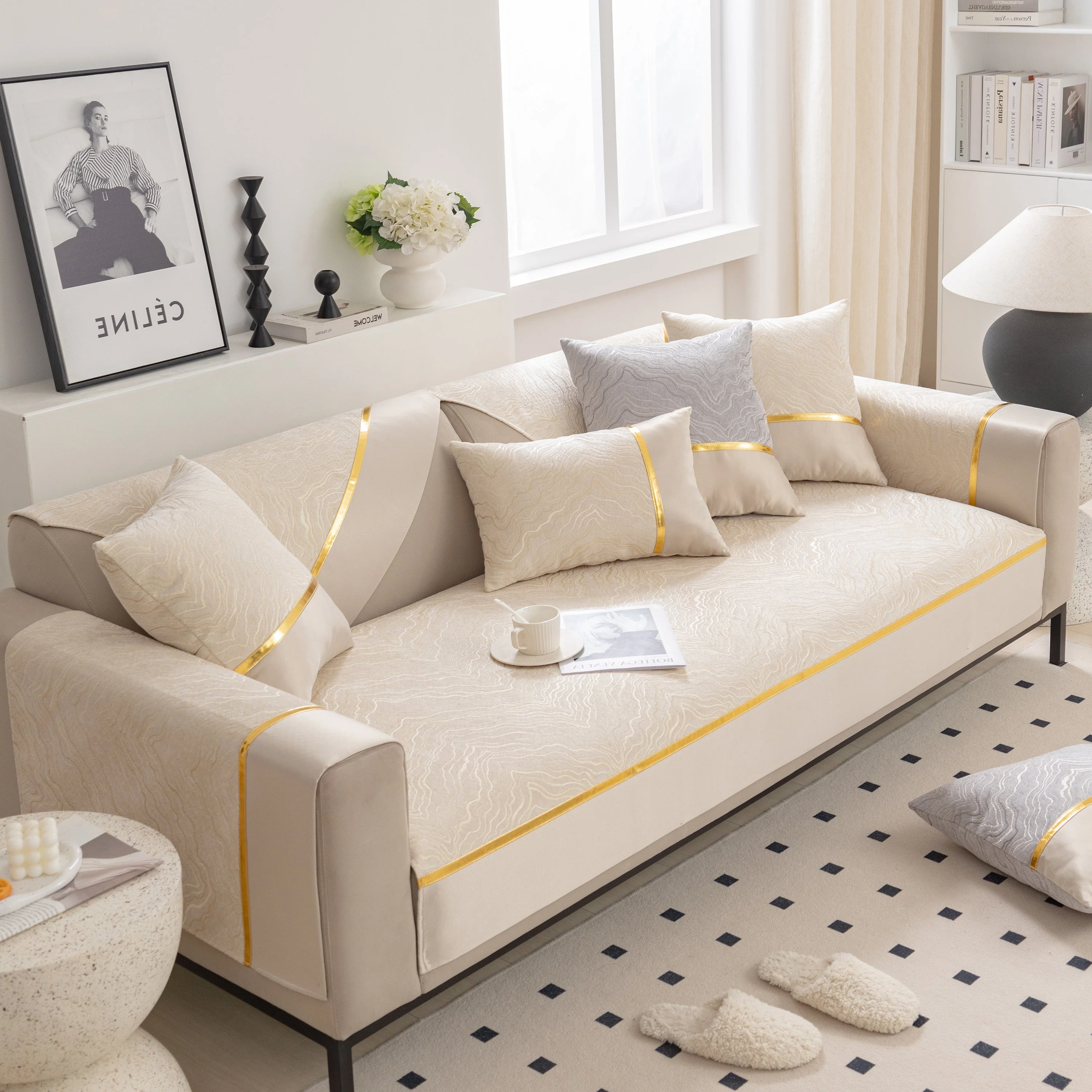 Modular Sofa Cover for Sectionals, Gold Striped Non-Slip Couch Protector - Image 12
