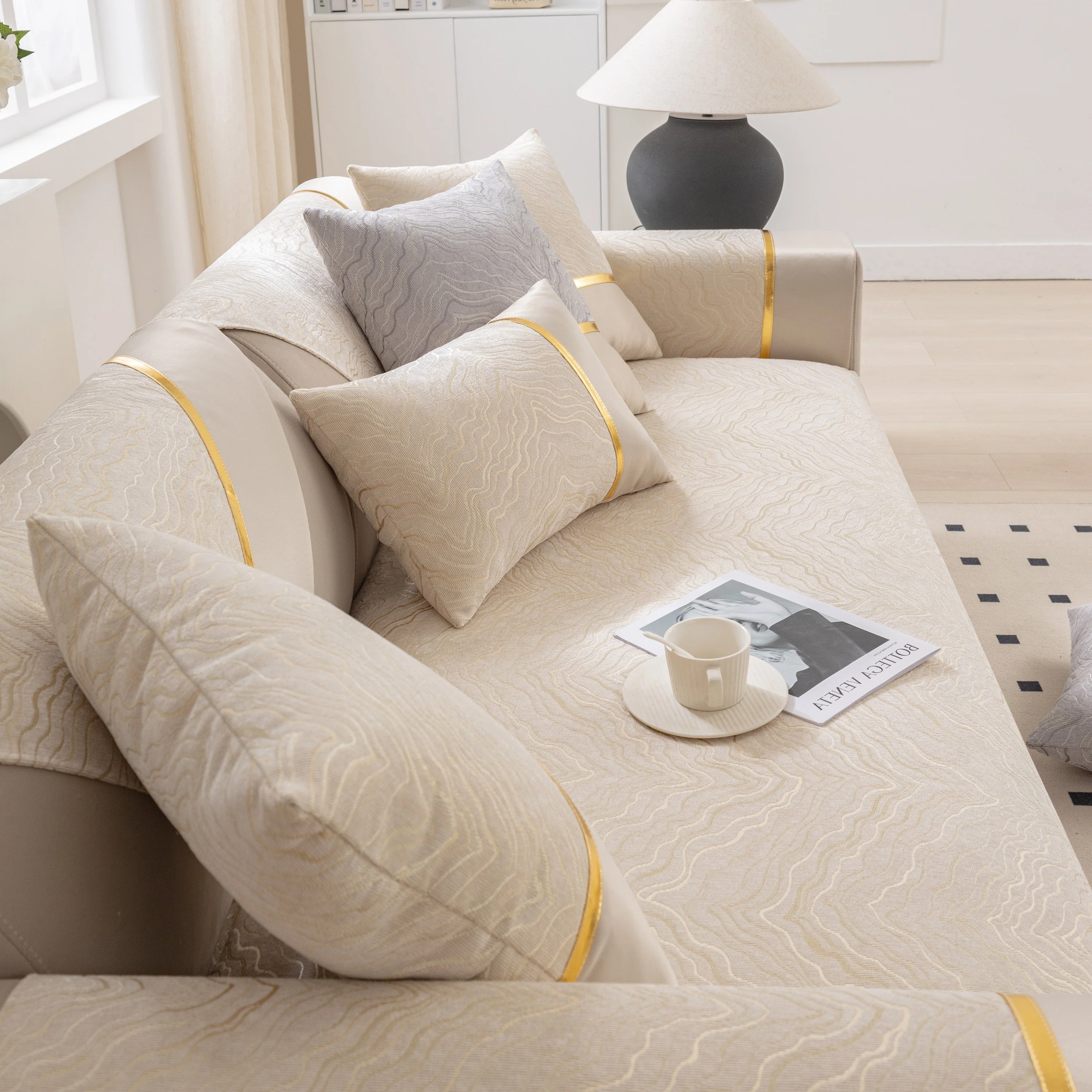 Modular Sofa Cover for Sectionals, Gold Striped Non-Slip Couch Protector - Image 15