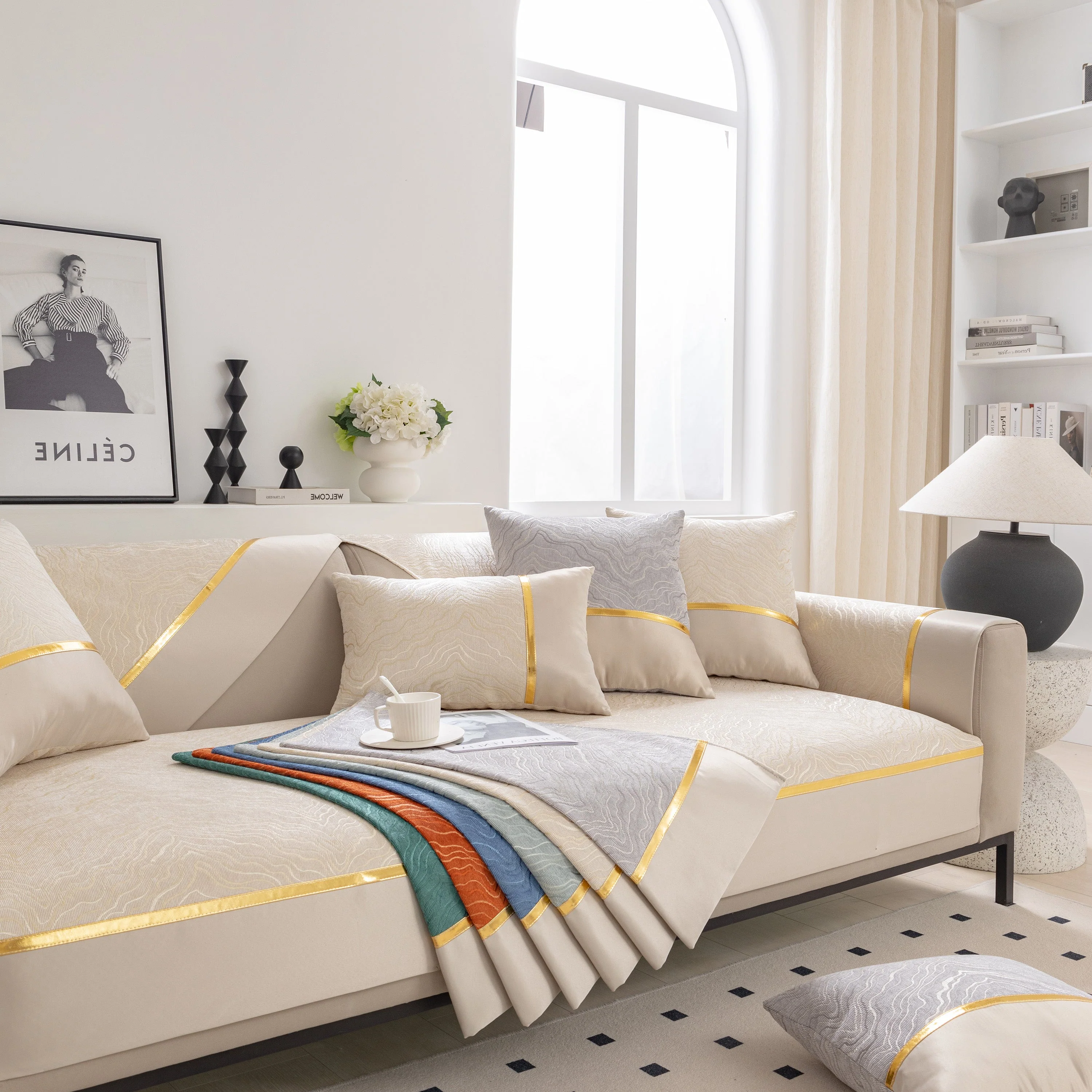 Modular Sofa Cover for Sectionals, Gold Striped Non-Slip Couch Protector - Image 16