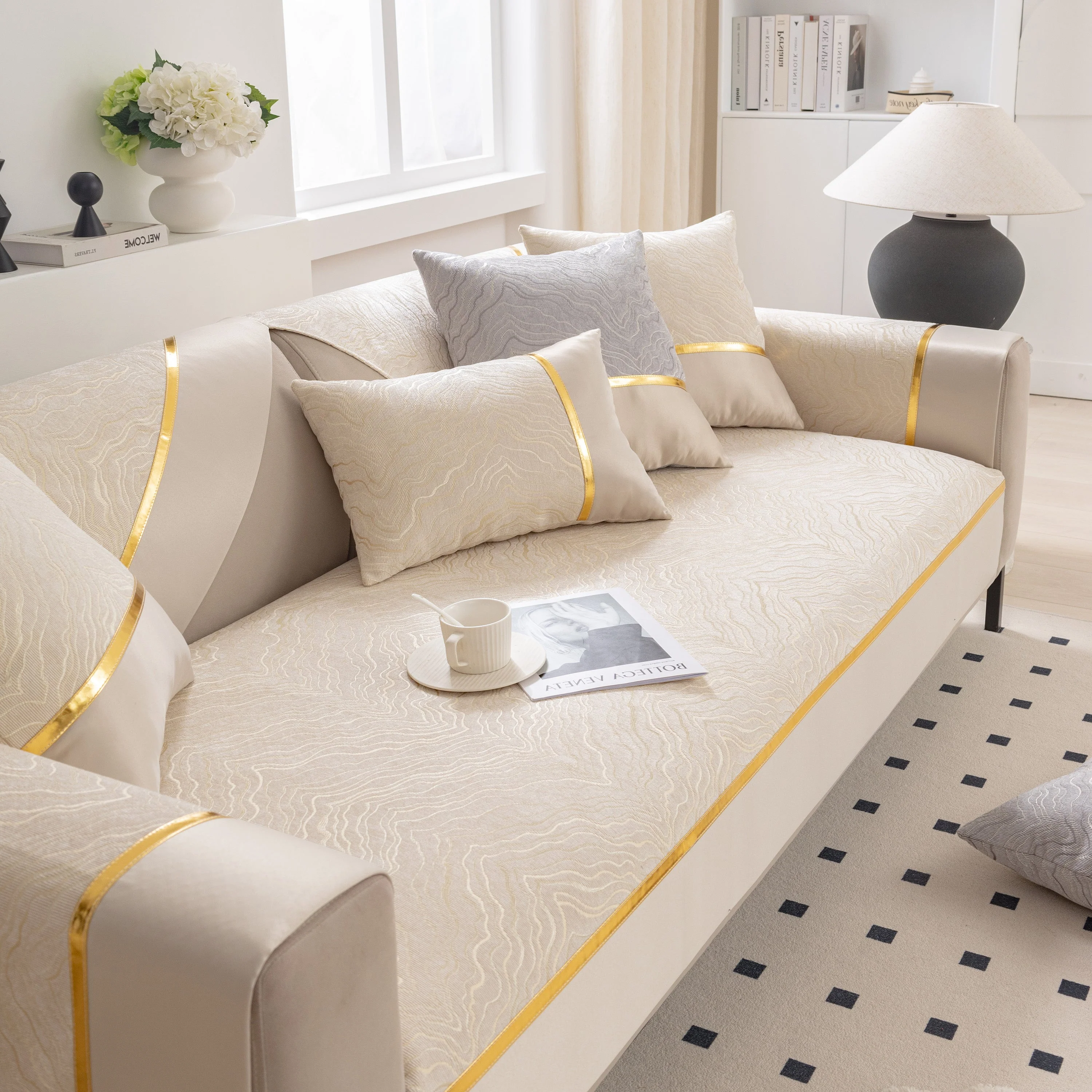 Modular Sofa Cover for Sectionals, Gold Striped Non-Slip Couch Protector - Image 17