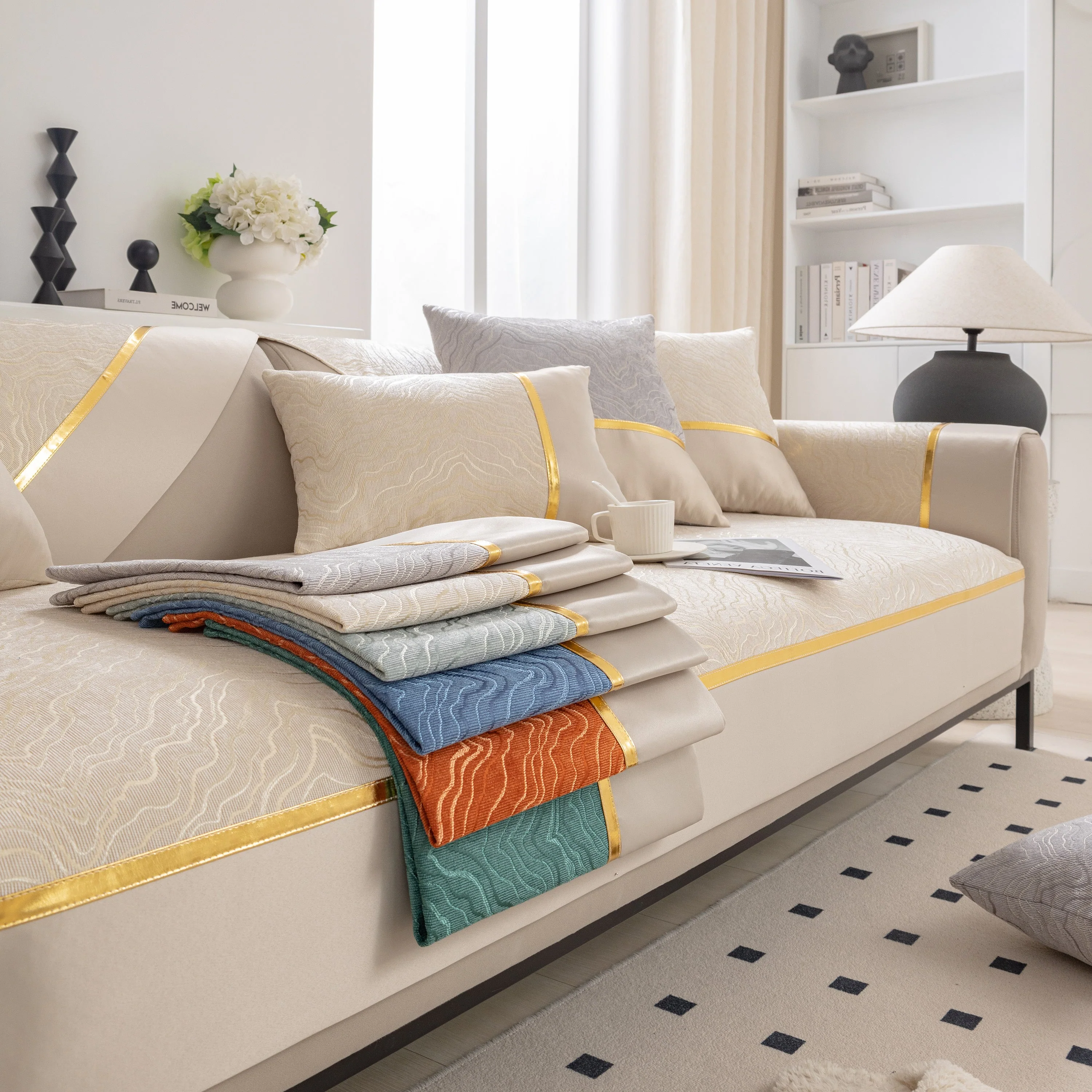Modular Sofa Cover for Sectionals, Gold Striped Non-Slip Couch Protector - Image 18