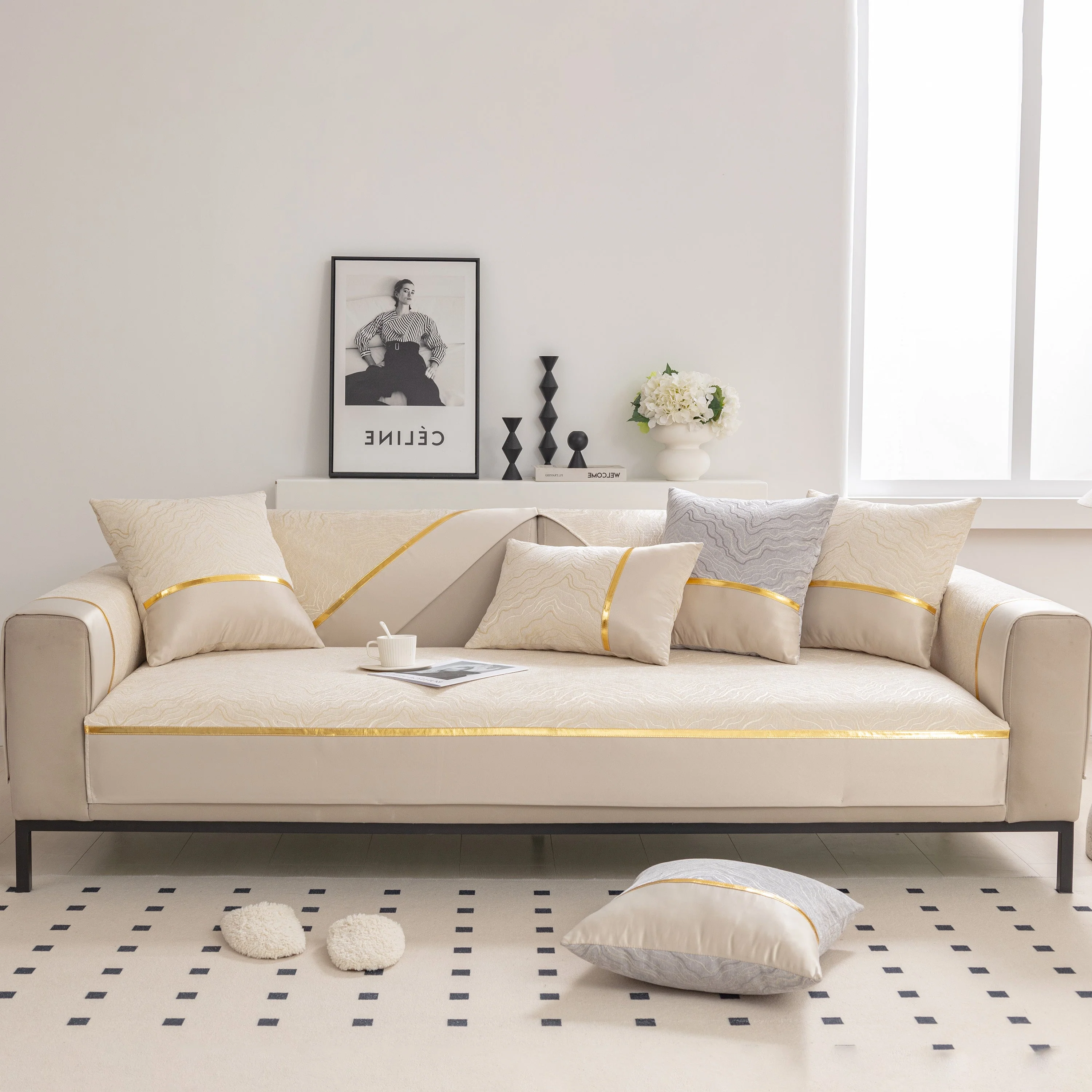 Modular Sofa Cover for Sectionals, Gold Striped Non-Slip Couch Protector - Image 2
