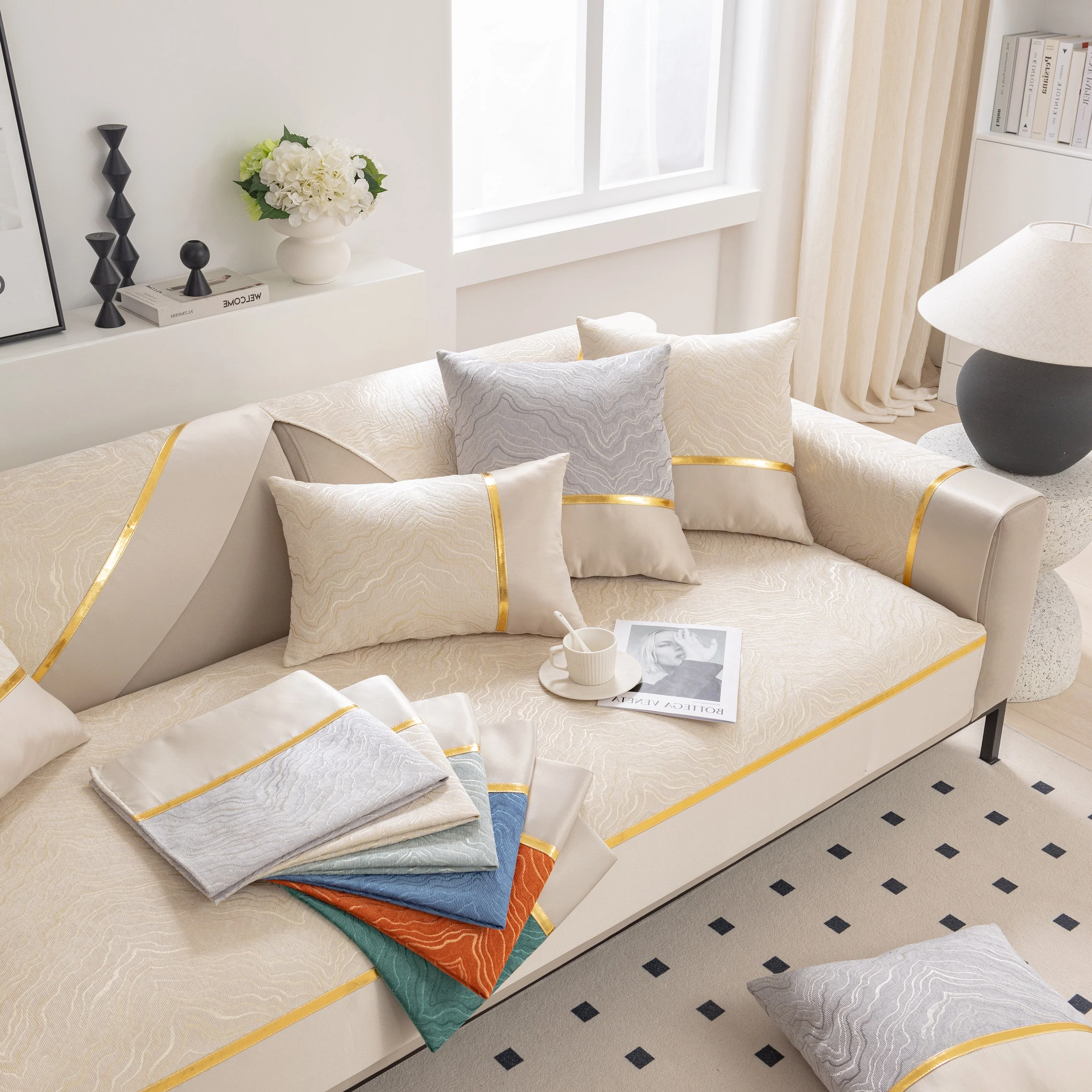 Modular Sofa Cover for Sectionals, Gold Striped Non-Slip Couch Protector - Image 20