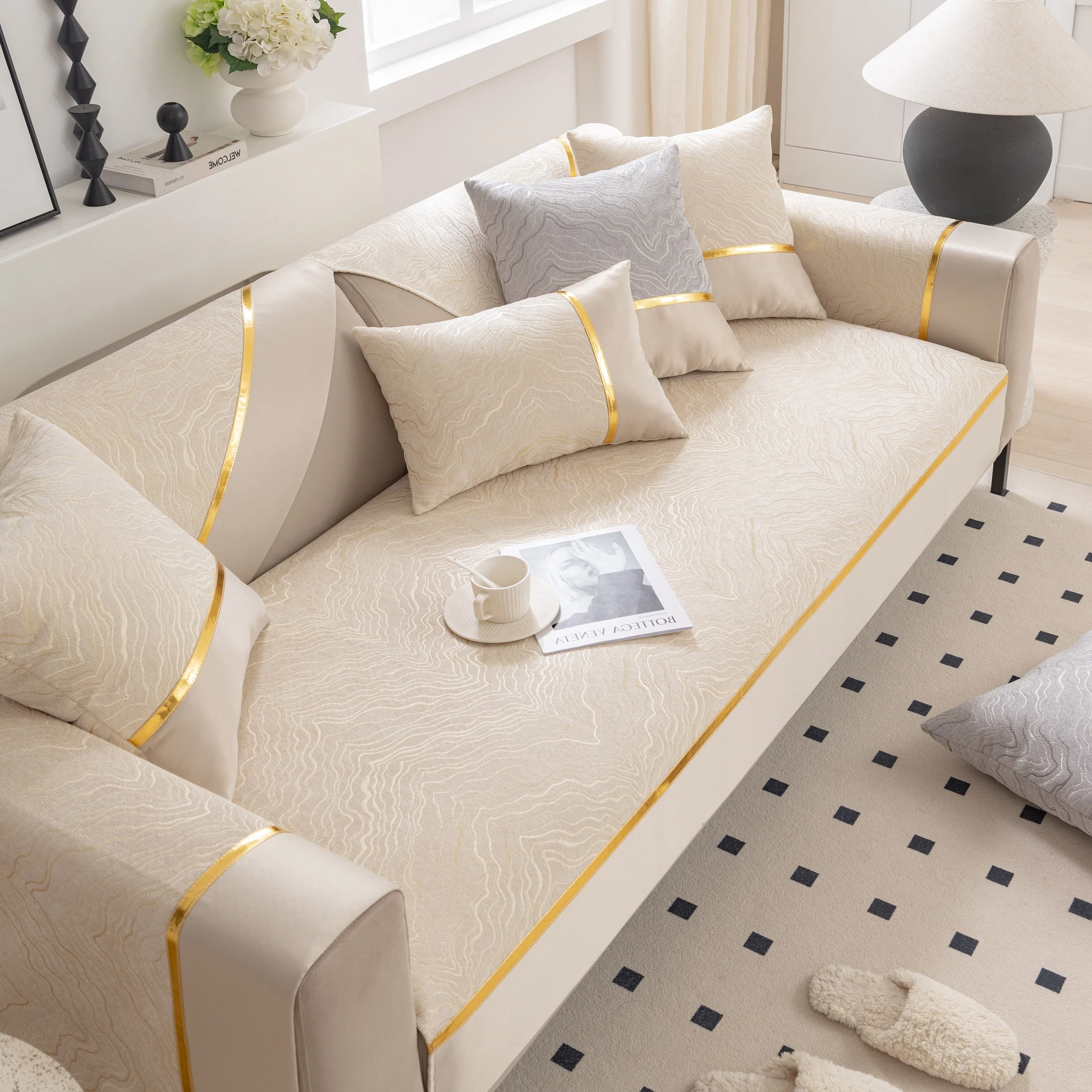 Modular Sofa Cover for Sectionals, Gold Striped Non-Slip Couch Protector - Image 21