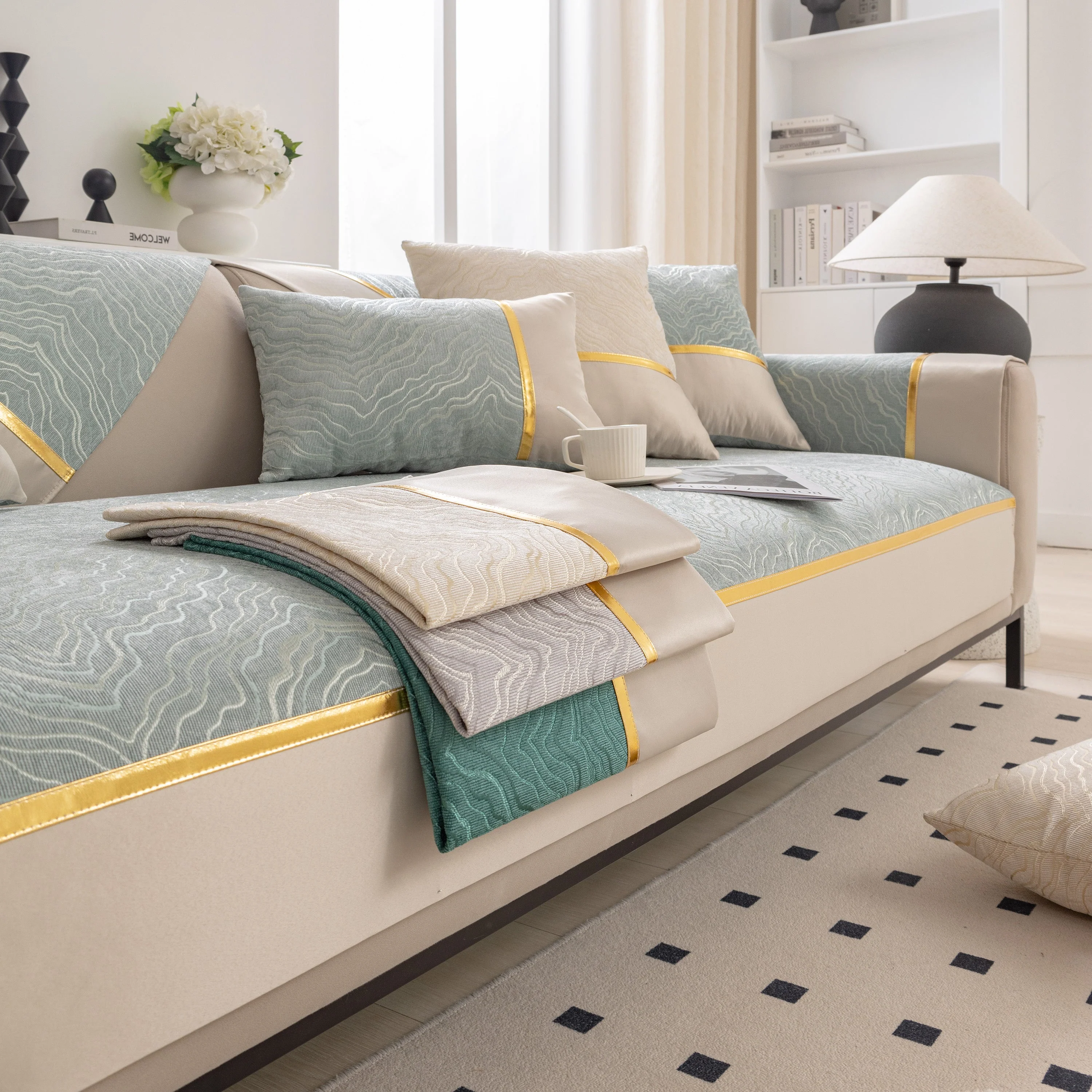 Modular Sofa Cover for Sectionals, Gold Striped Non-Slip Couch Protector - Image 28