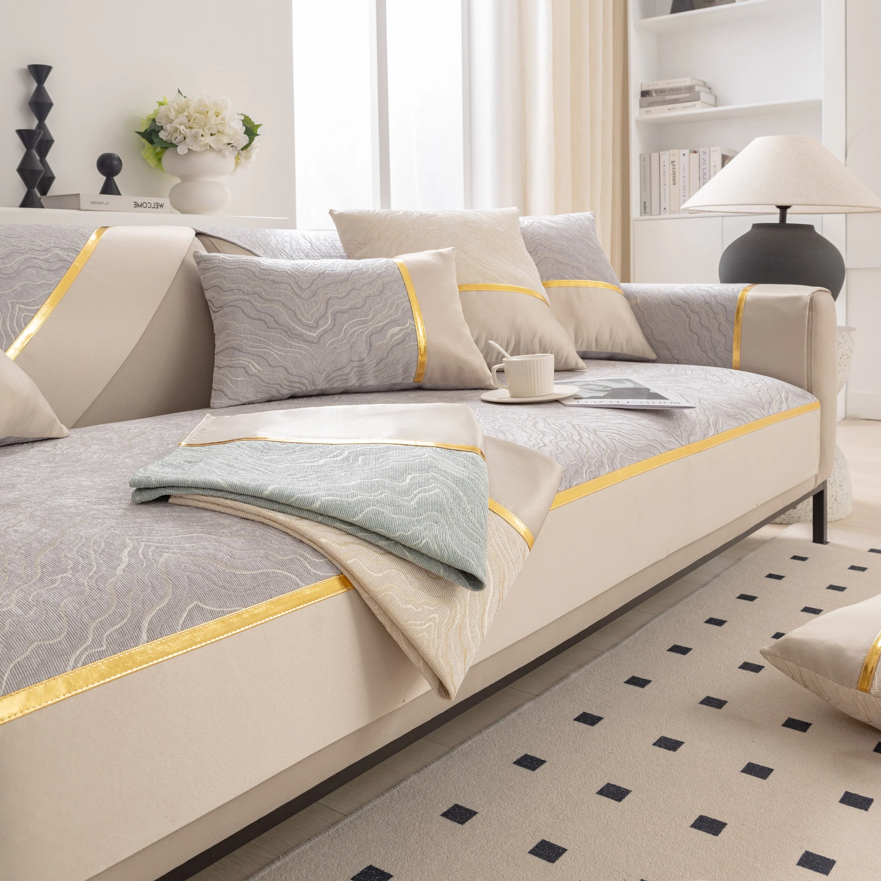 Modular Sofa Cover for Sectionals, Gold Striped Non-Slip Couch Protector - Image 29