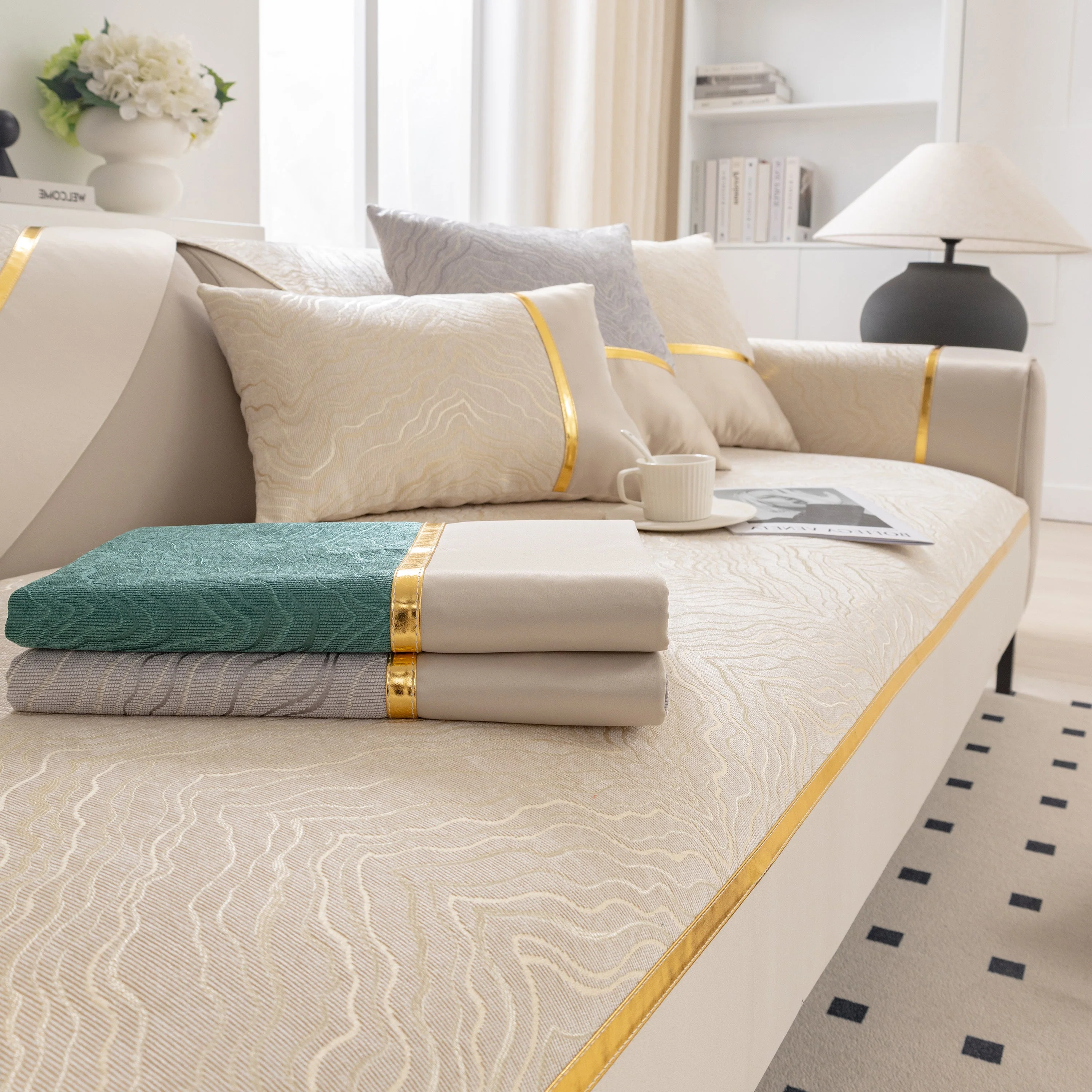 Modular Sofa Cover for Sectionals, Gold Striped Non-Slip Couch Protector - Image 3