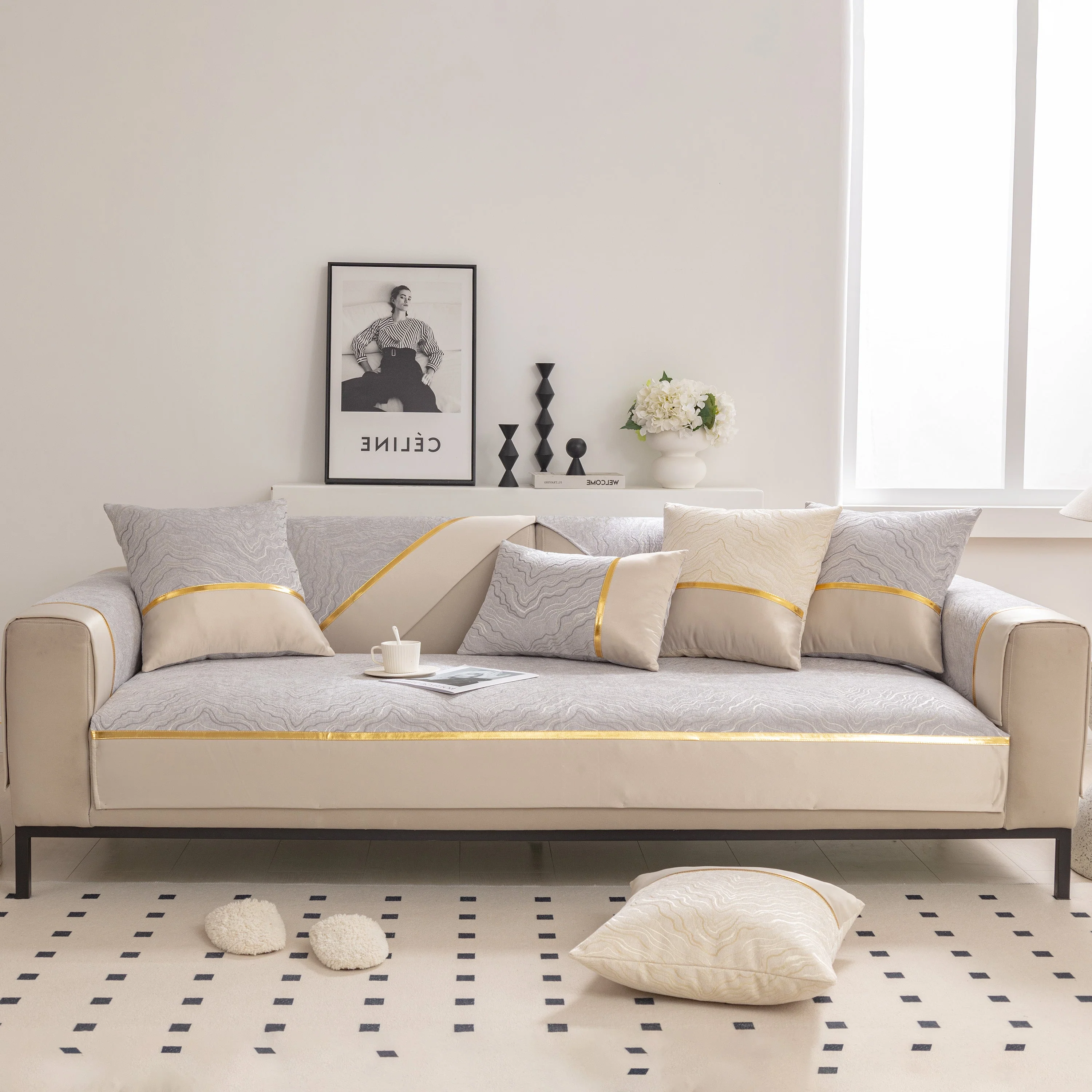 Modular Sofa Cover for Sectionals, Gold Striped Non-Slip Couch Protector - Image 32