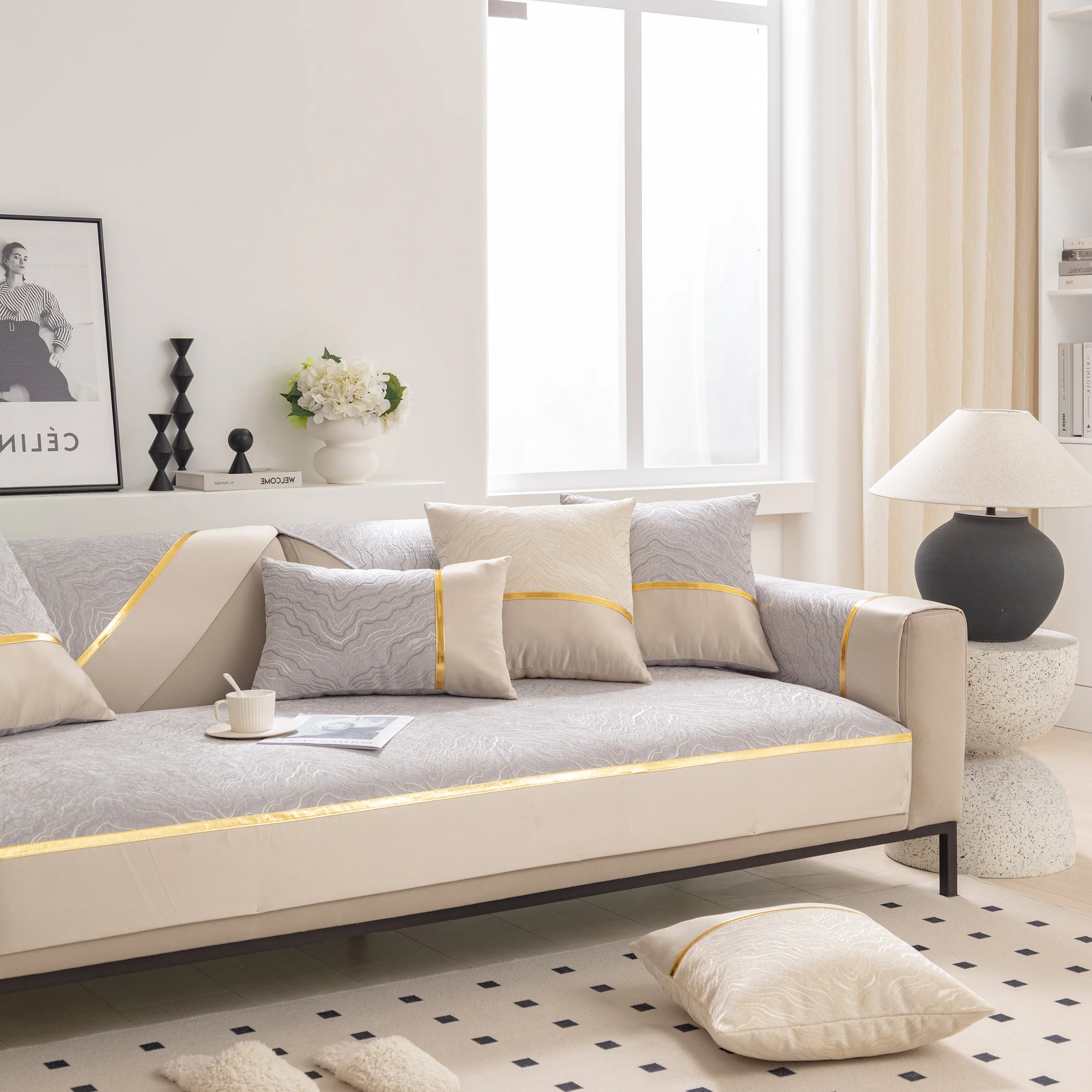 Modular Sofa Cover for Sectionals, Gold Striped Non-Slip Couch Protector - Image 33