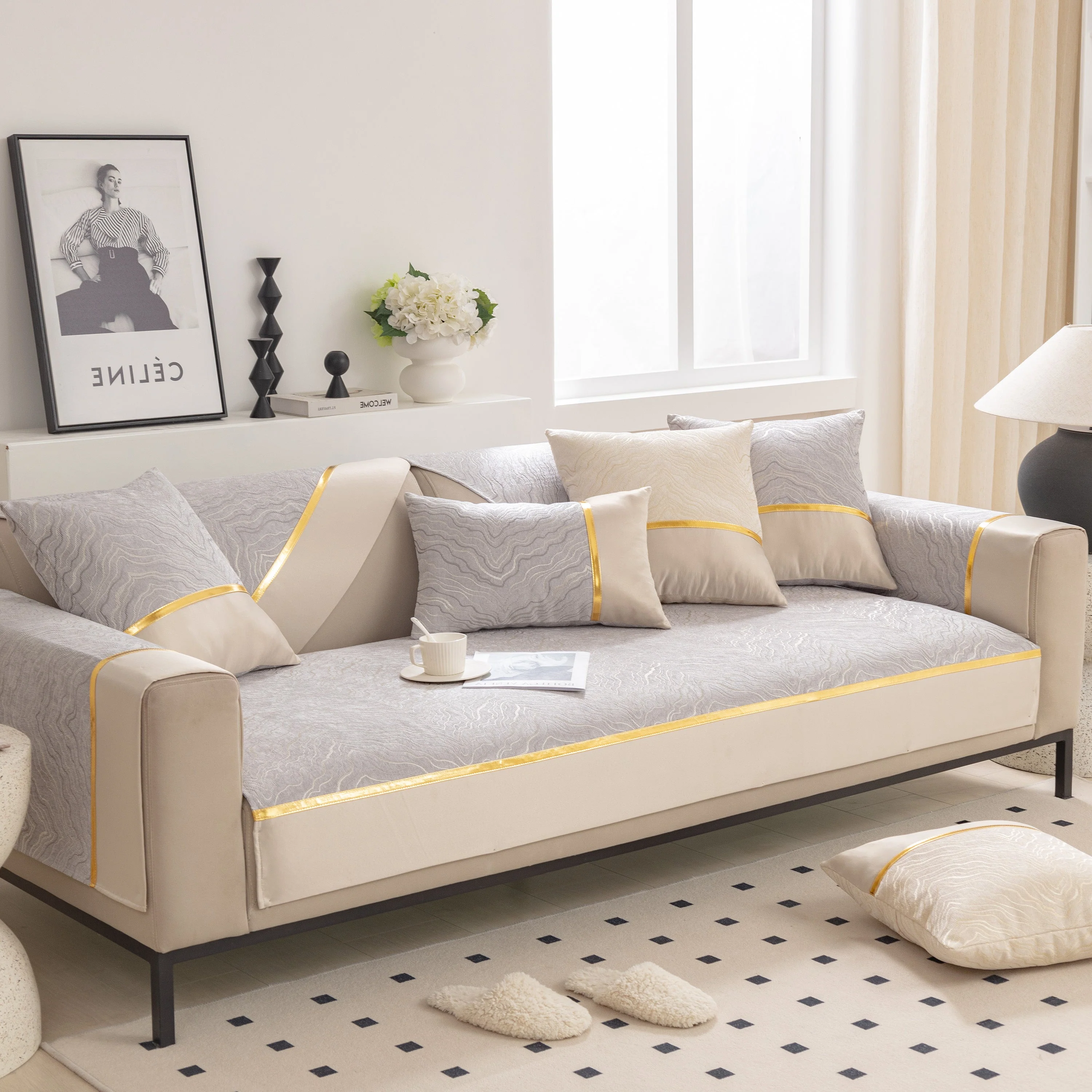 Modular Sofa Cover for Sectionals, Gold Striped Non-Slip Couch Protector - Image 35