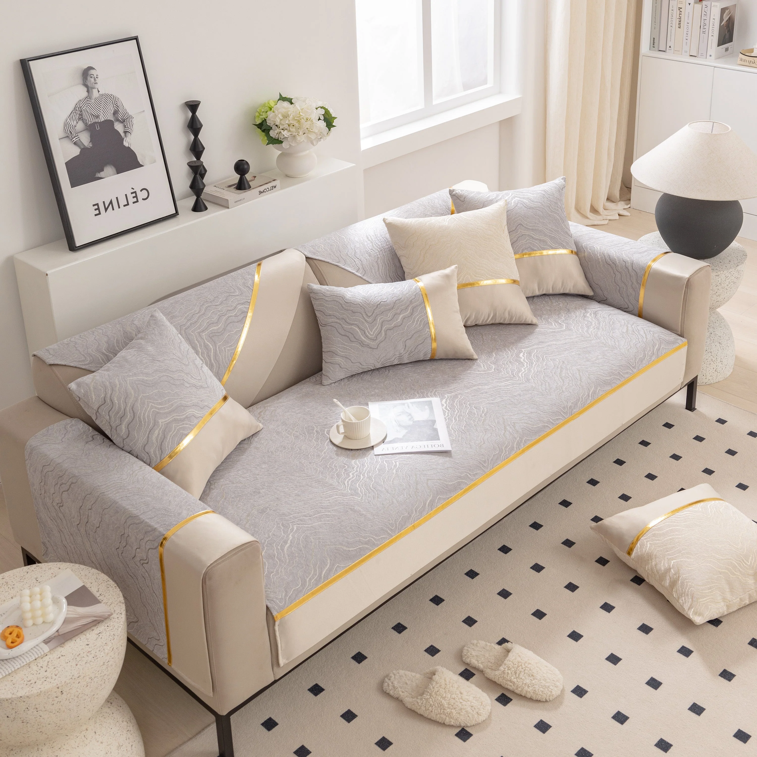 Modular Sofa Cover for Sectionals, Gold Striped Non-Slip Couch Protector - Image 38