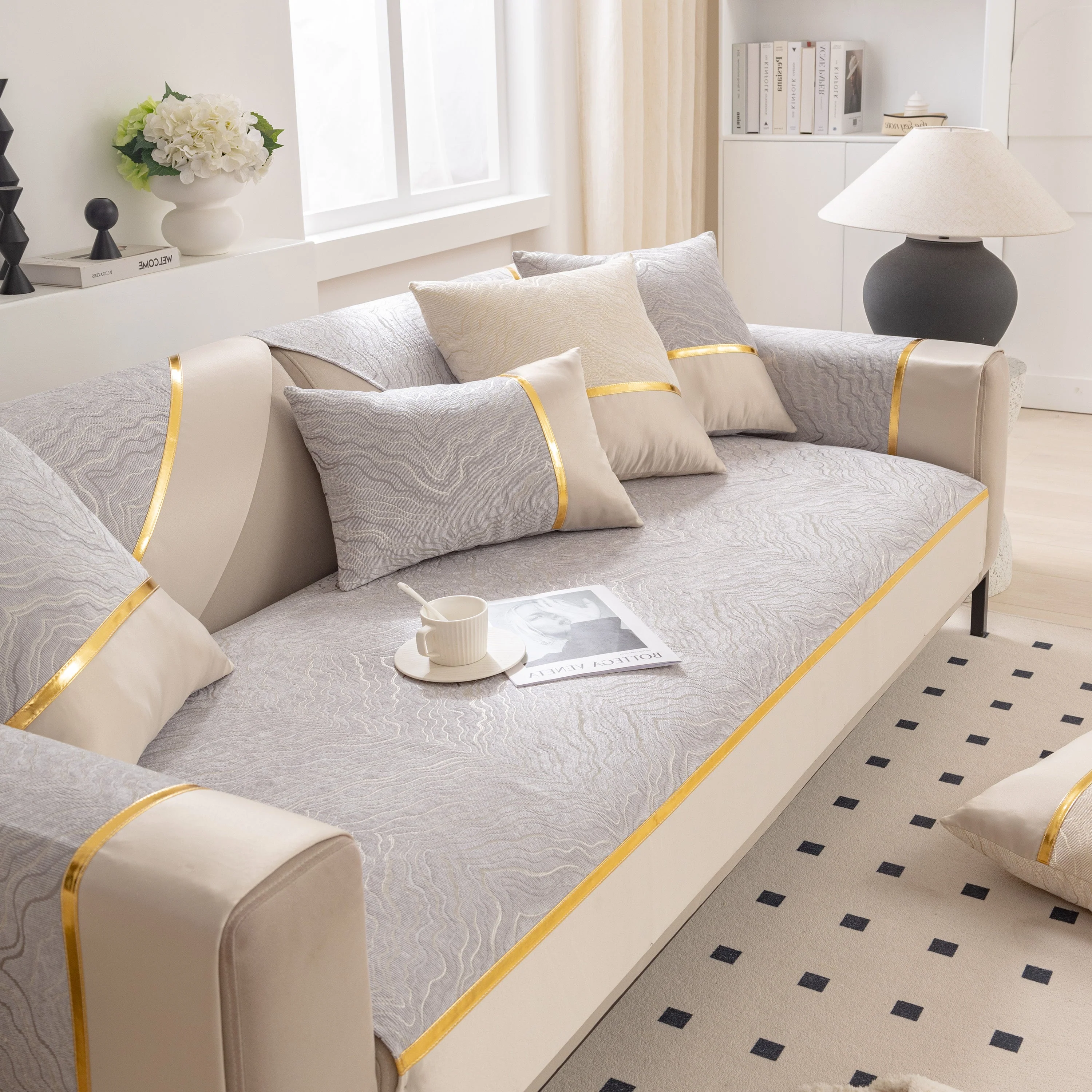 Modular Sofa Cover for Sectionals, Gold Striped Non-Slip Couch Protector - Image 39