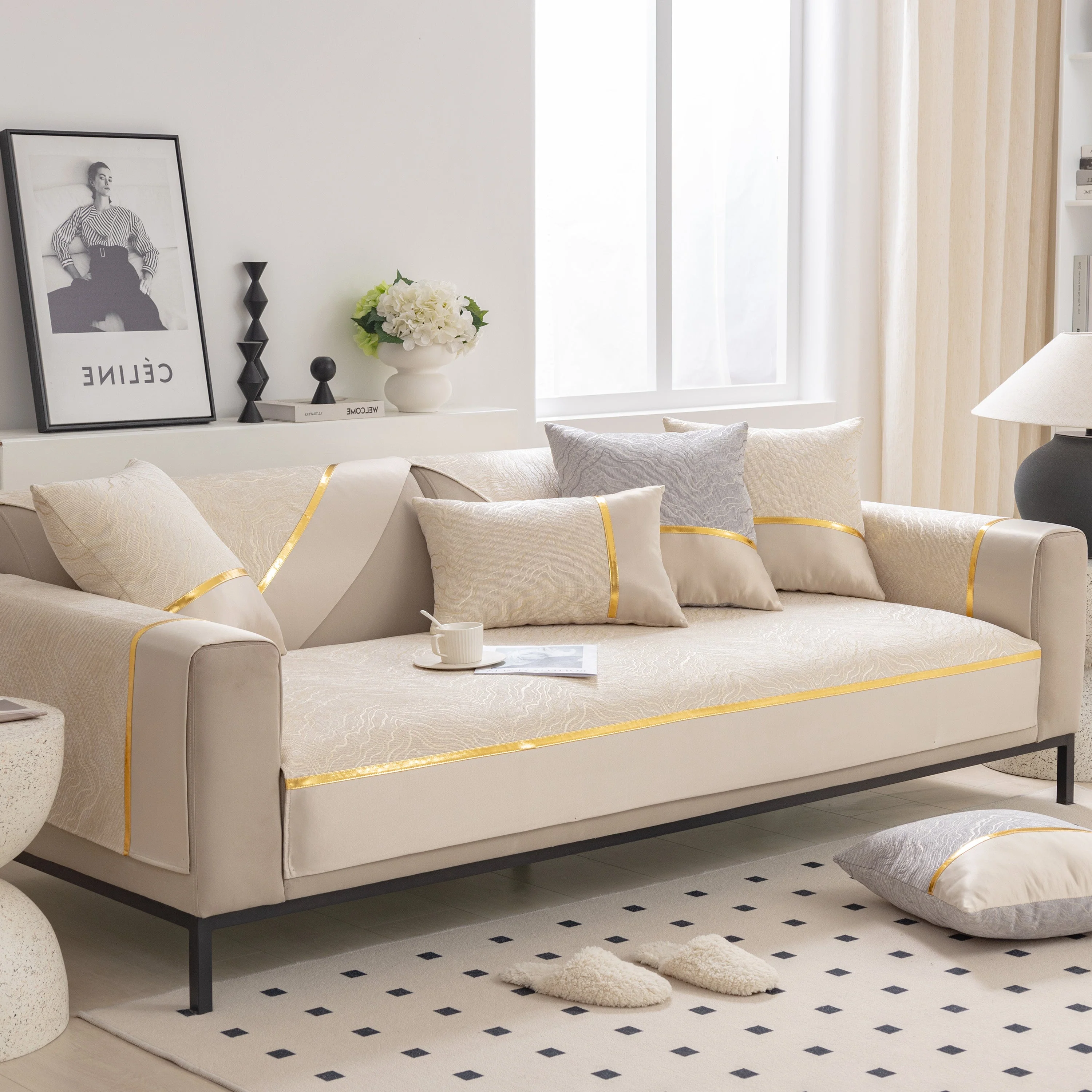 Modular Sofa Cover for Sectionals, Gold Striped Non-Slip Couch Protector - Image 4