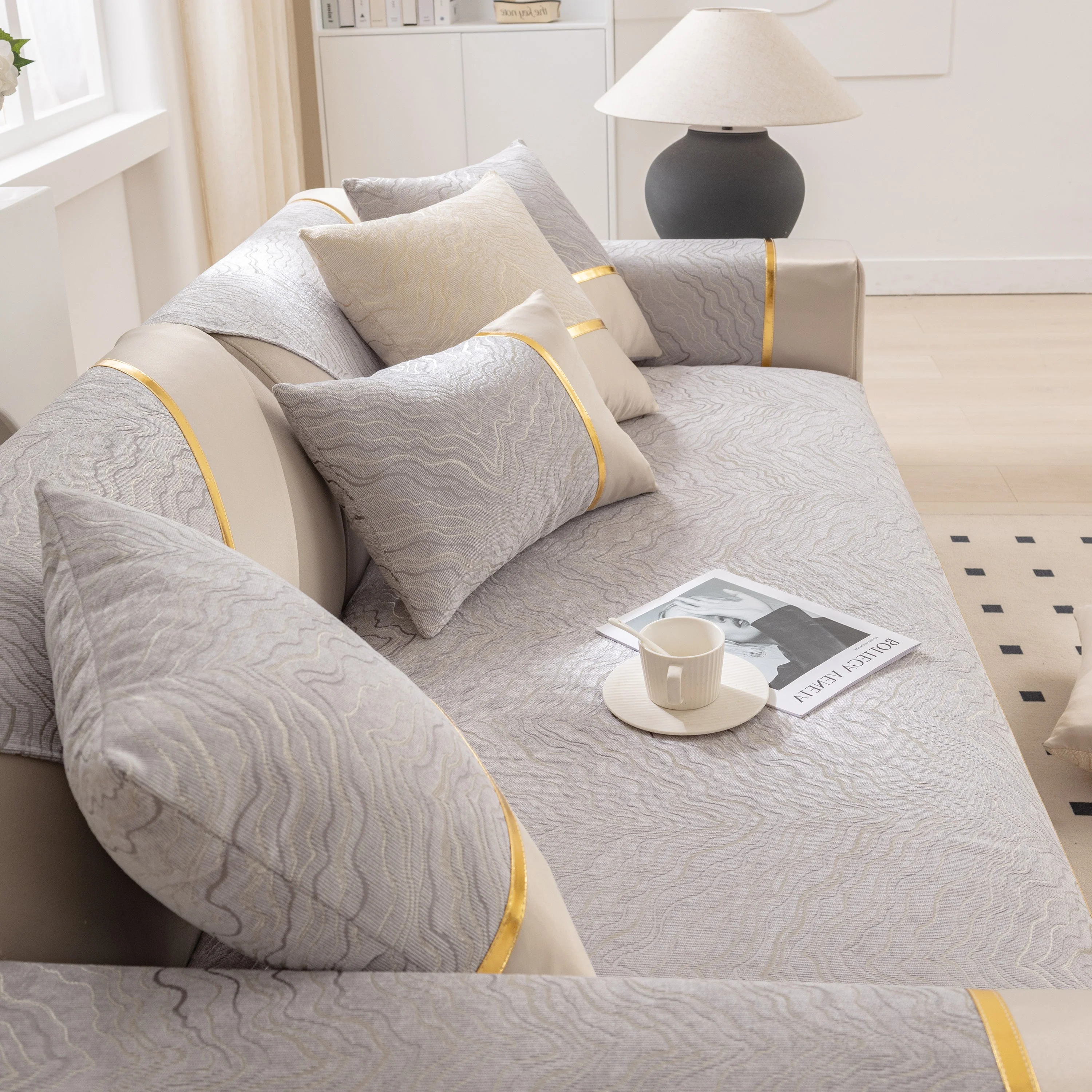 Modular Sofa Cover for Sectionals, Gold Striped Non-Slip Couch Protector - Image 40