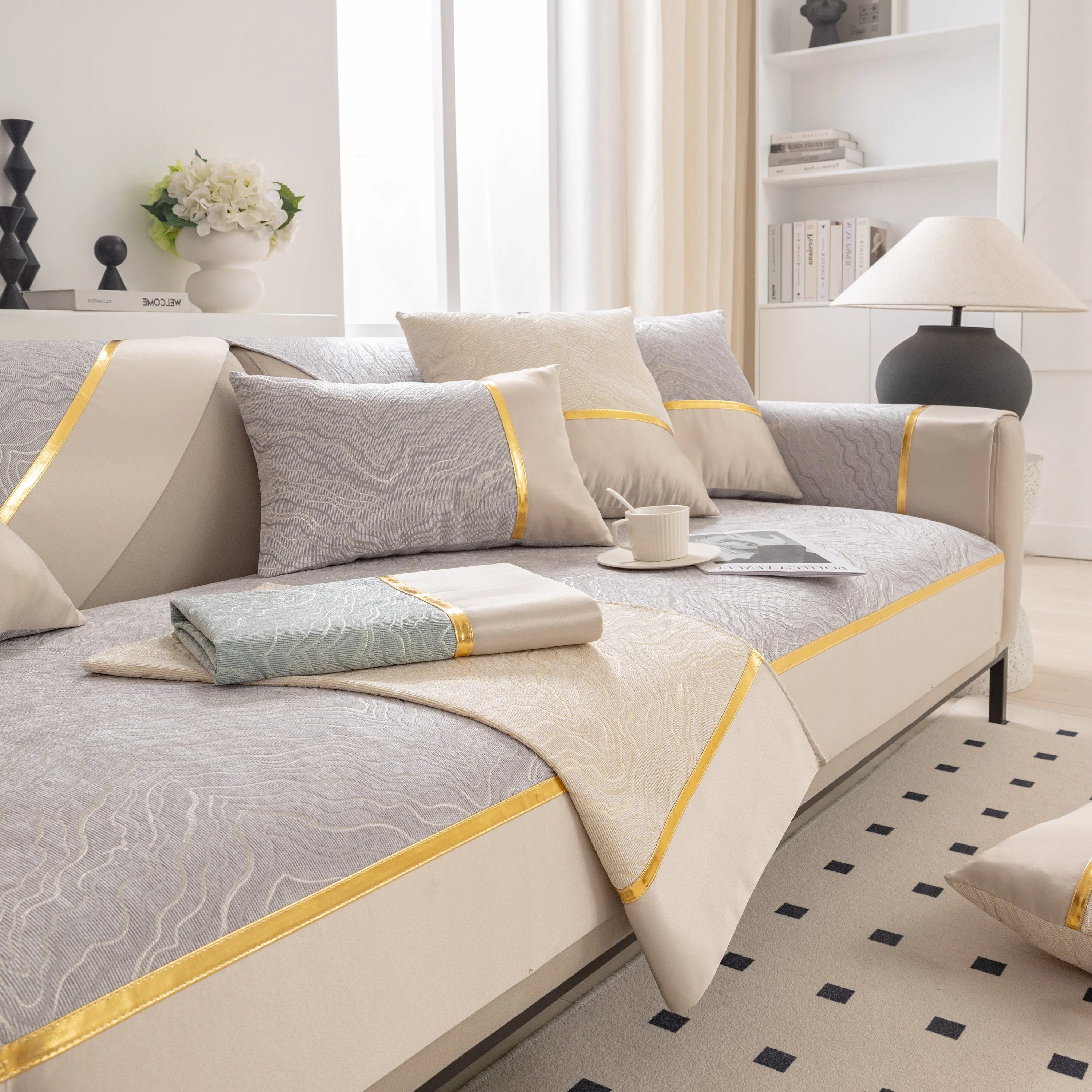 Modular Sofa Cover for Sectionals, Gold Striped Non-Slip Couch Protector - Image 41