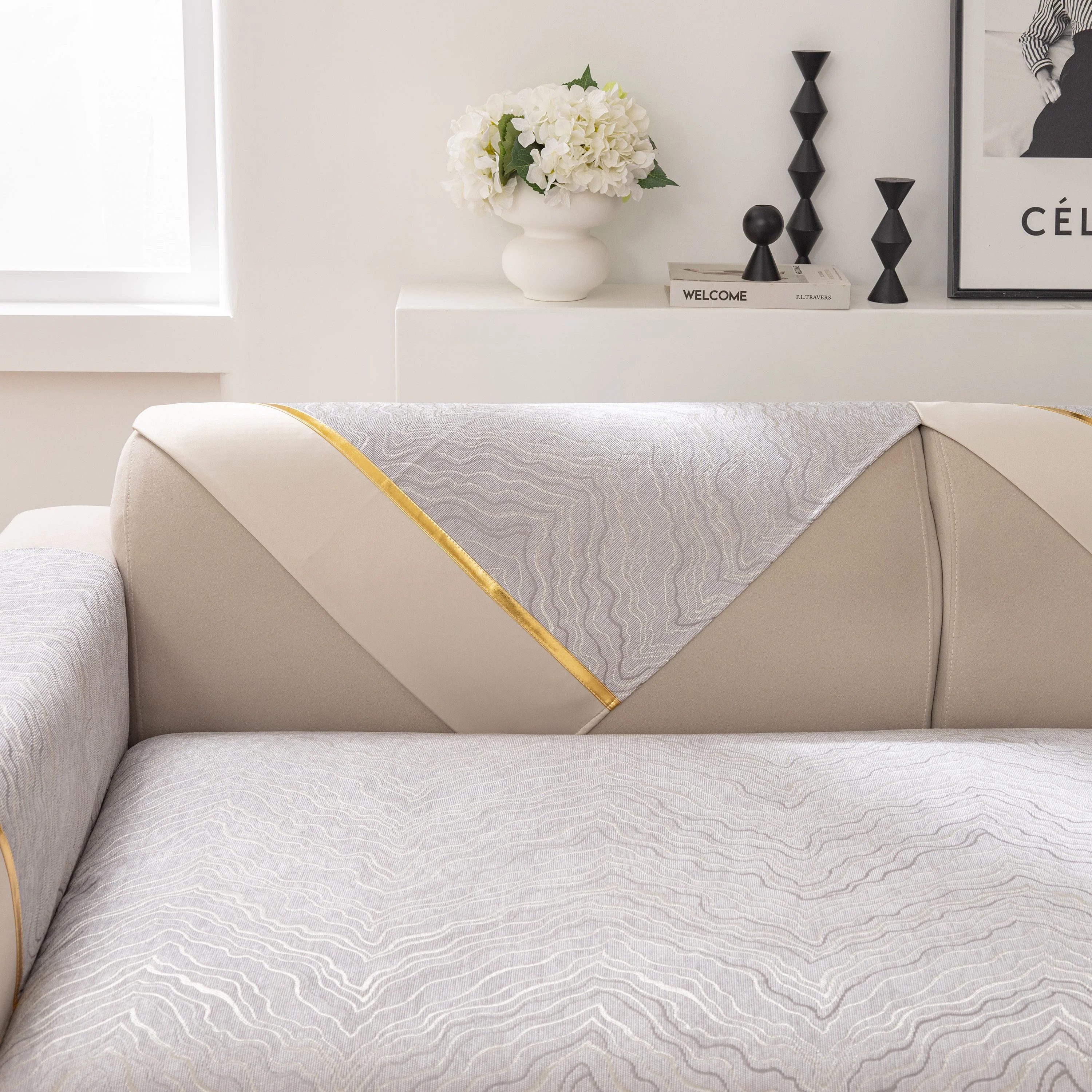 Modular Sofa Cover for Sectionals, Gold Striped Non-Slip Couch Protector - Image 42