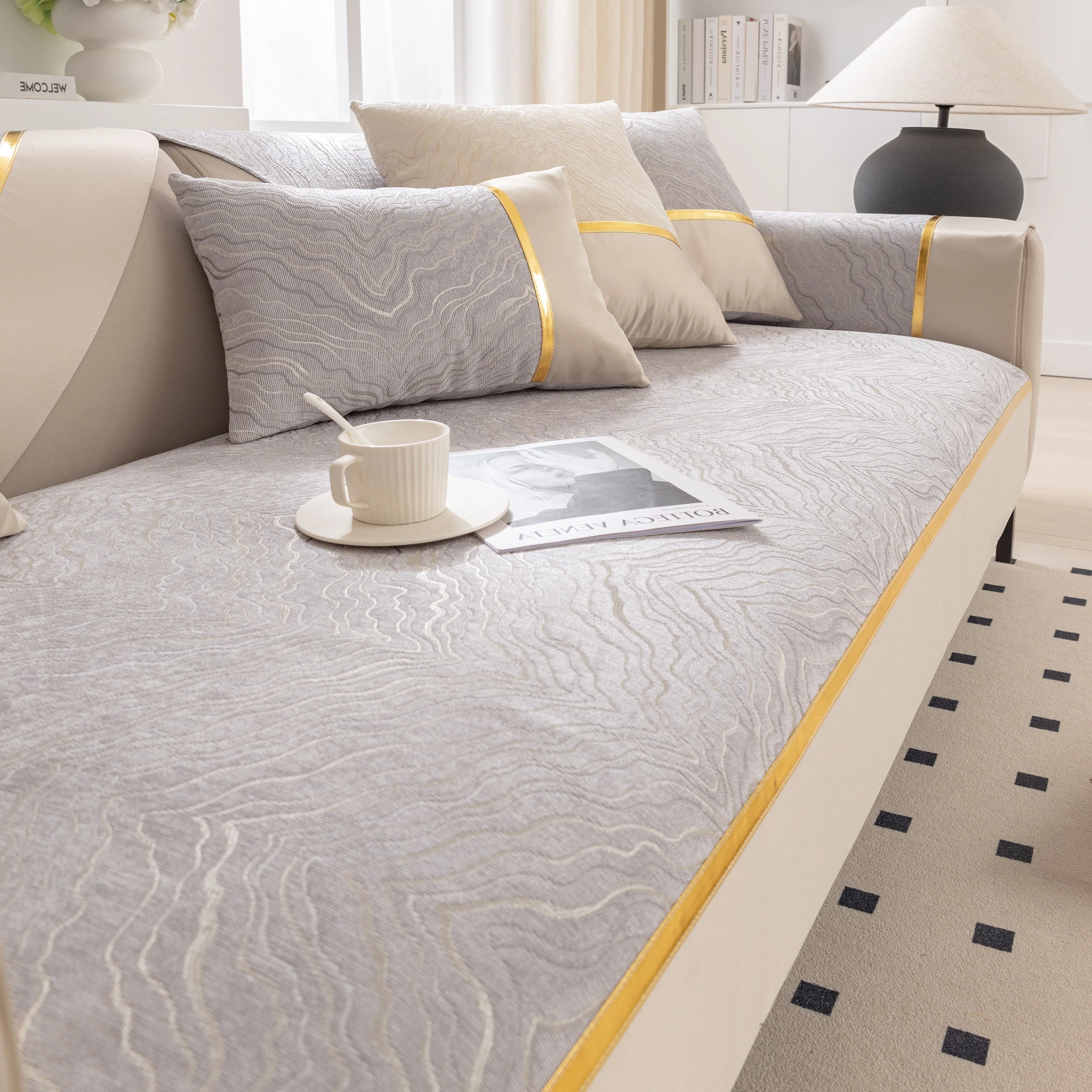 Modular Sofa Cover for Sectionals, Gold Striped Non-Slip Couch Protector - Image 44