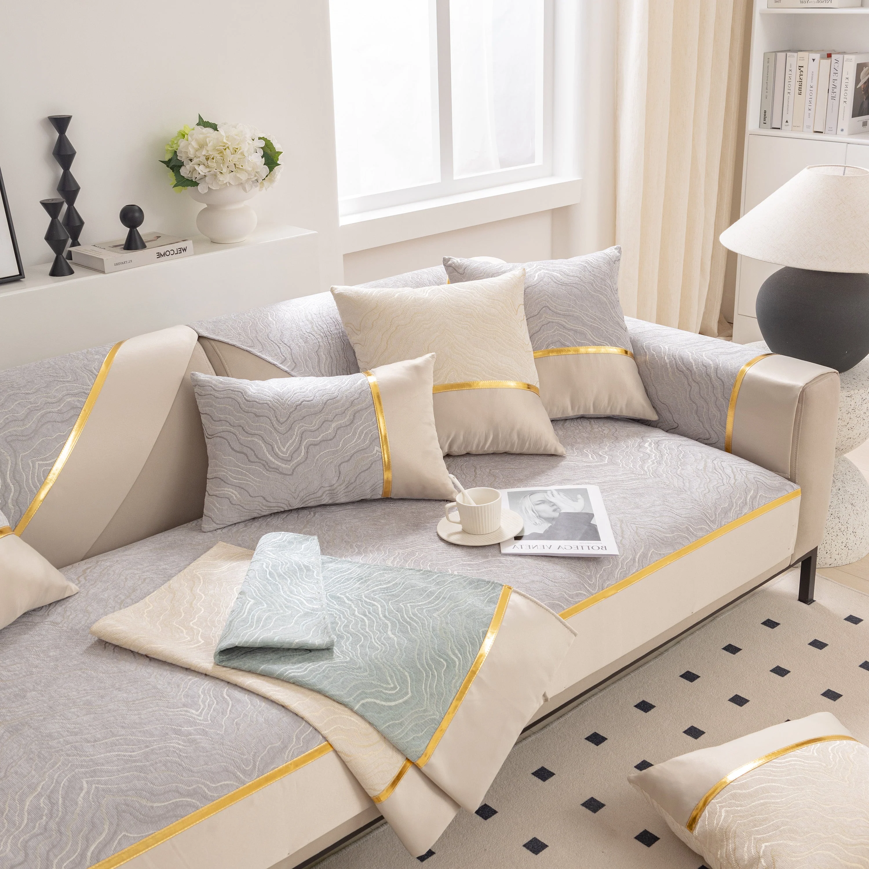 Modular Sofa Cover for Sectionals, Gold Striped Non-Slip Couch Protector - Image 45