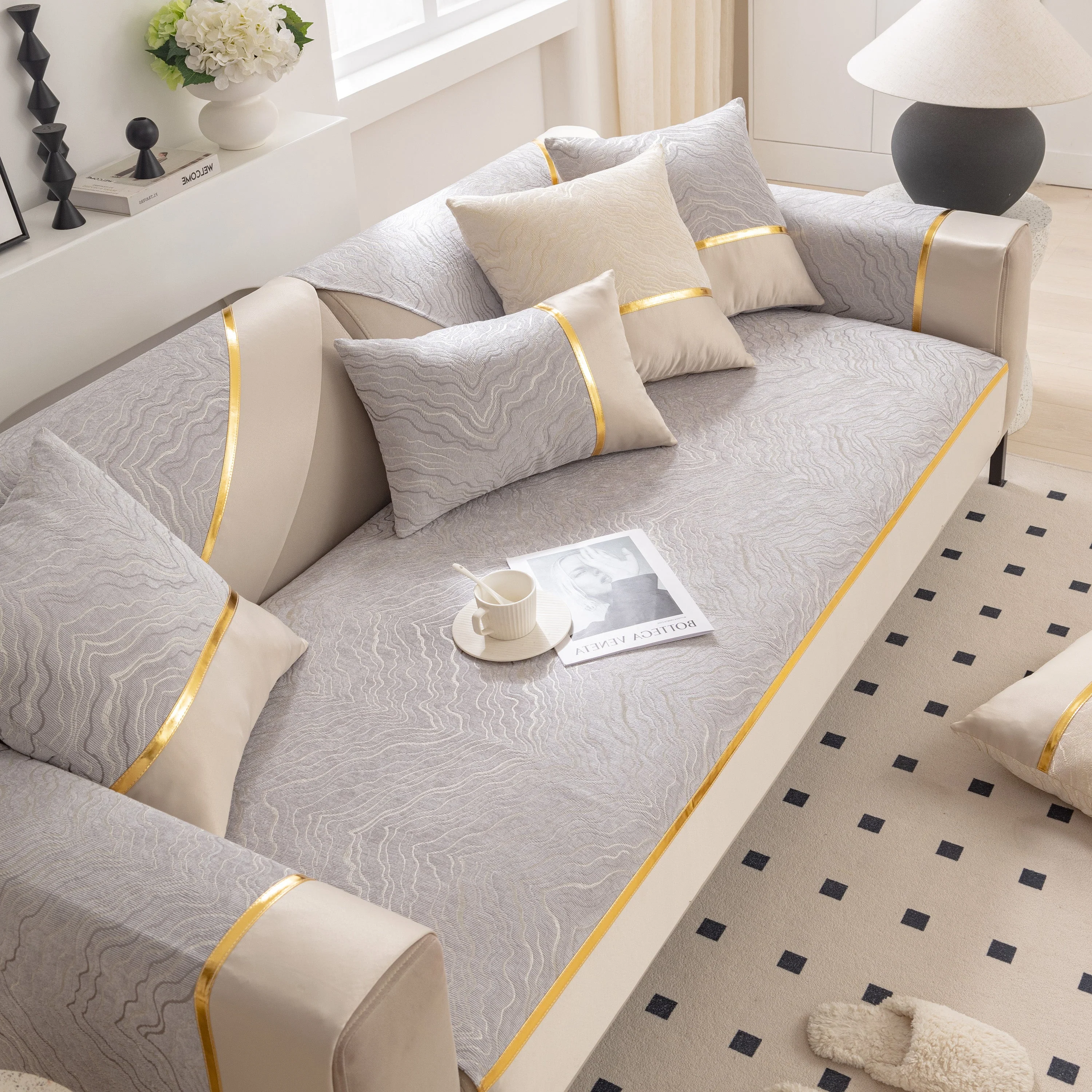Modular Sofa Cover for Sectionals, Gold Striped Non-Slip Couch Protector - Image 46