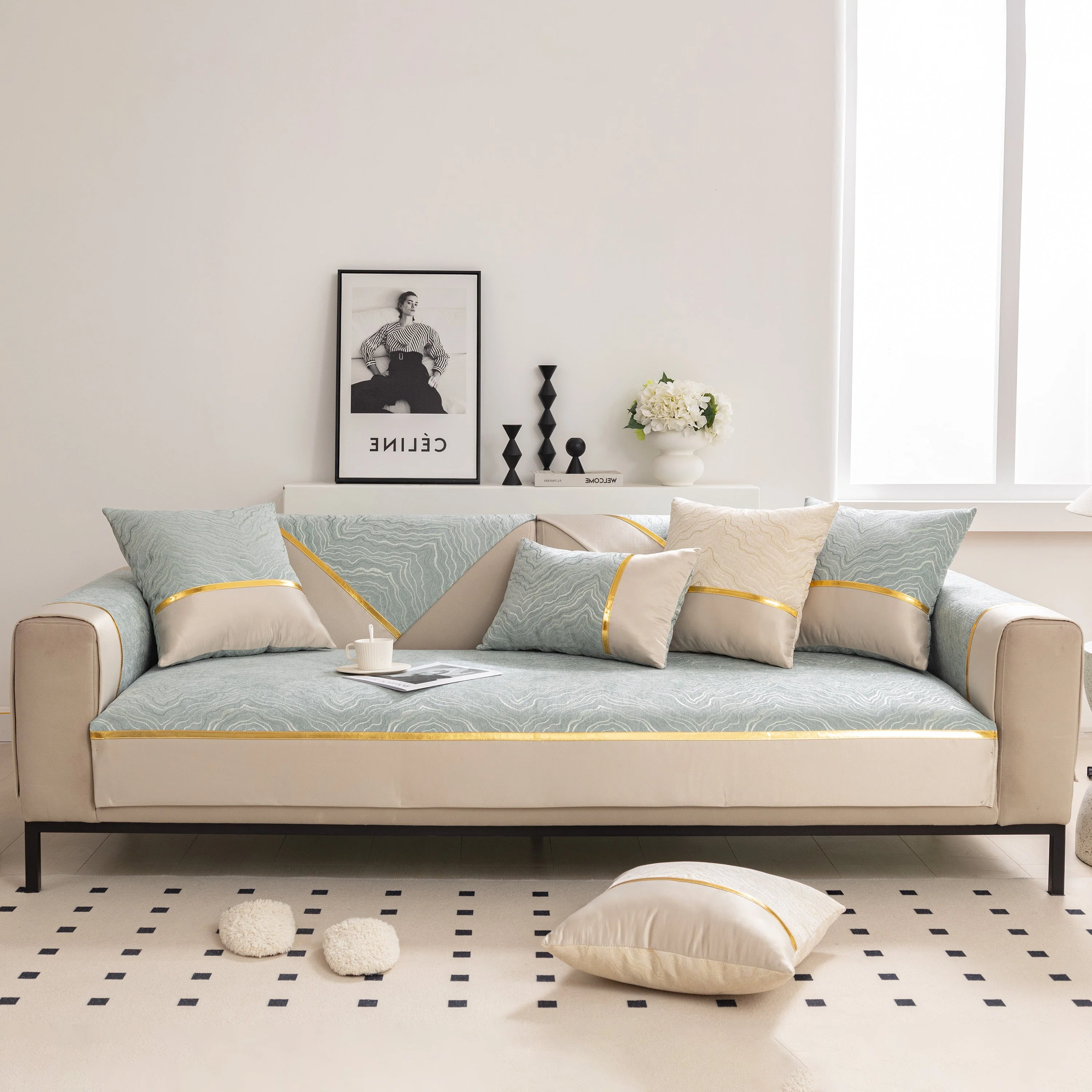 Modular Sofa Cover for Sectionals, Gold Striped Non-Slip Couch Protector - Image 48