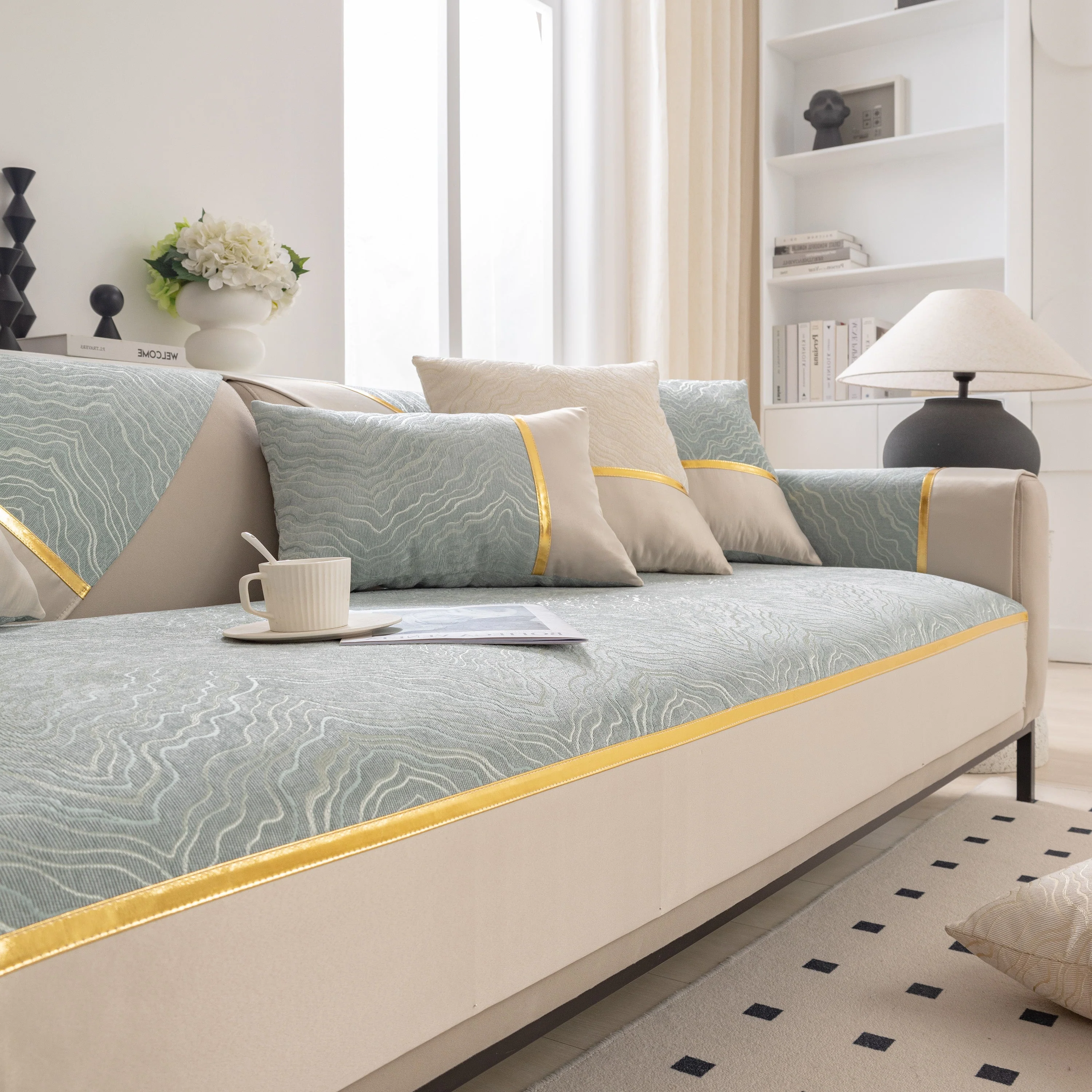 Modular Sofa Cover for Sectionals, Gold Striped Non-Slip Couch Protector - Image 51