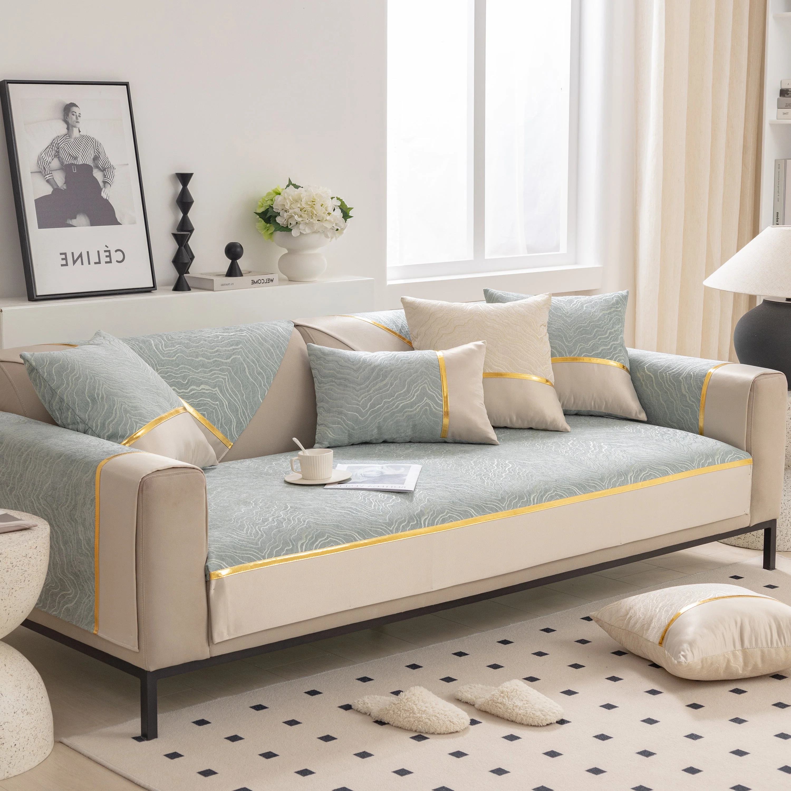 Modular Sofa Cover for Sectionals, Gold Striped Non-Slip Couch Protector - Image 52