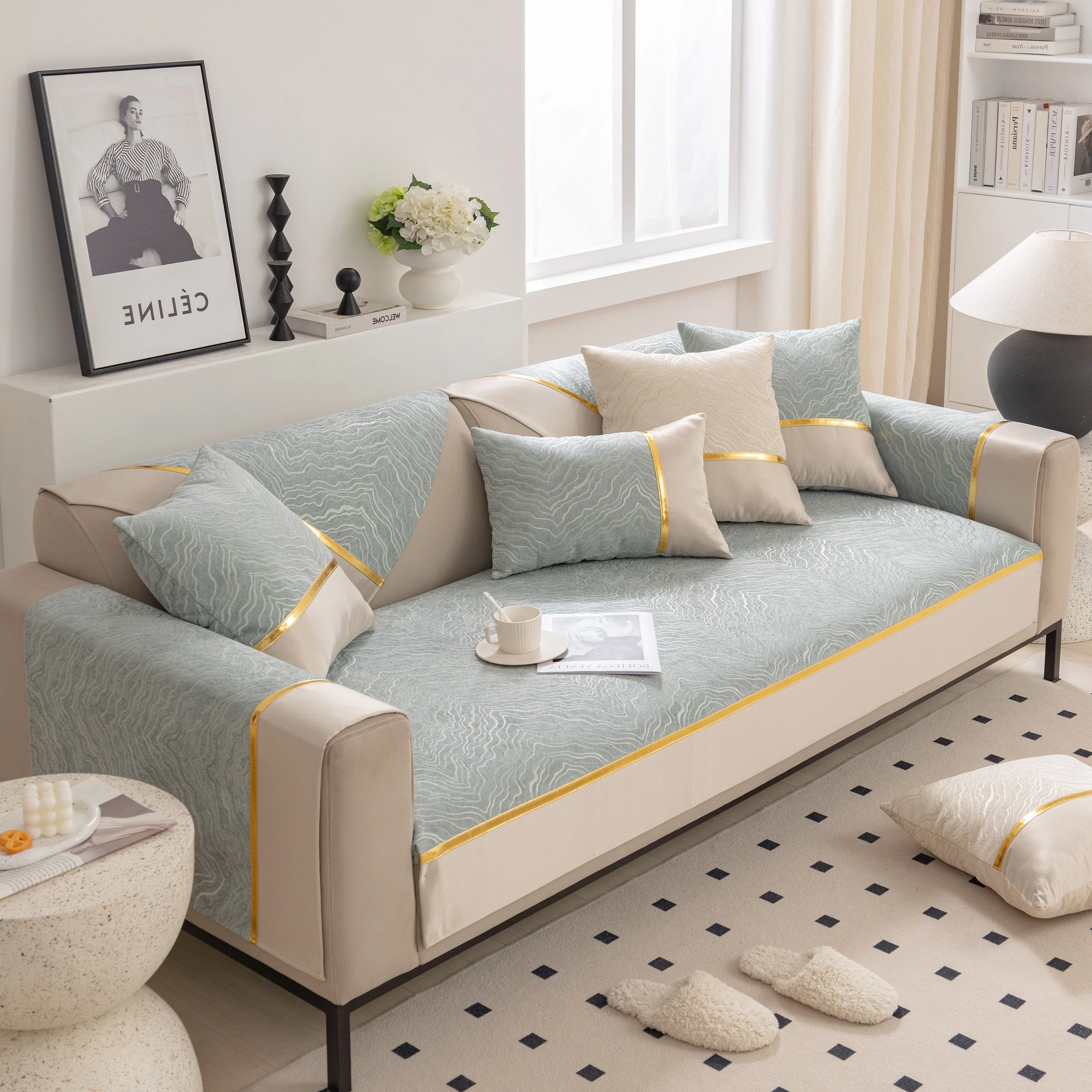 Modular Sofa Cover for Sectionals, Gold Striped Non-Slip Couch Protector - Image 53