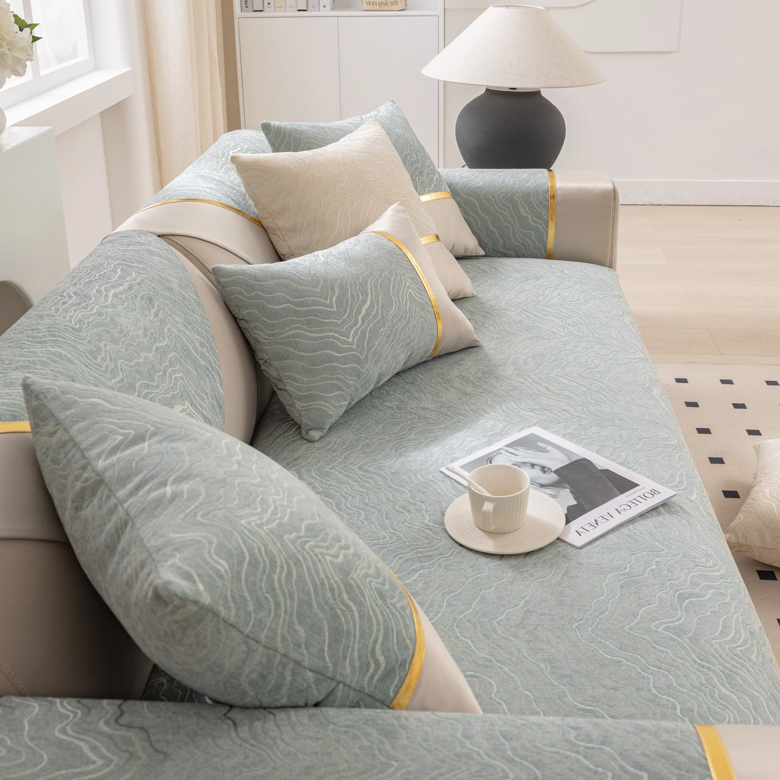 Modular Sofa Cover for Sectionals, Gold Striped Non-Slip Couch Protector - Image 58