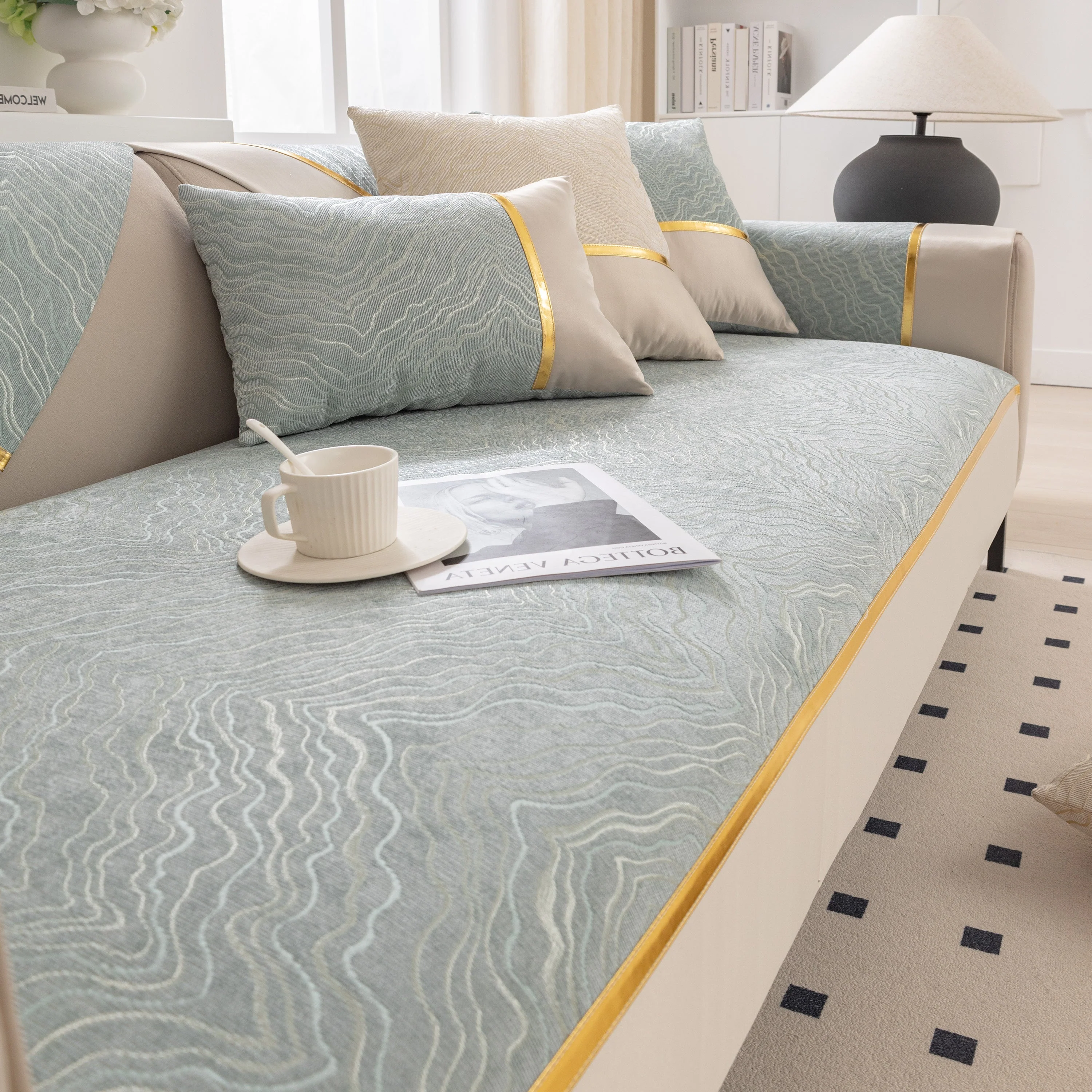 Modular Sofa Cover for Sectionals, Gold Striped Non-Slip Couch Protector - Image 59