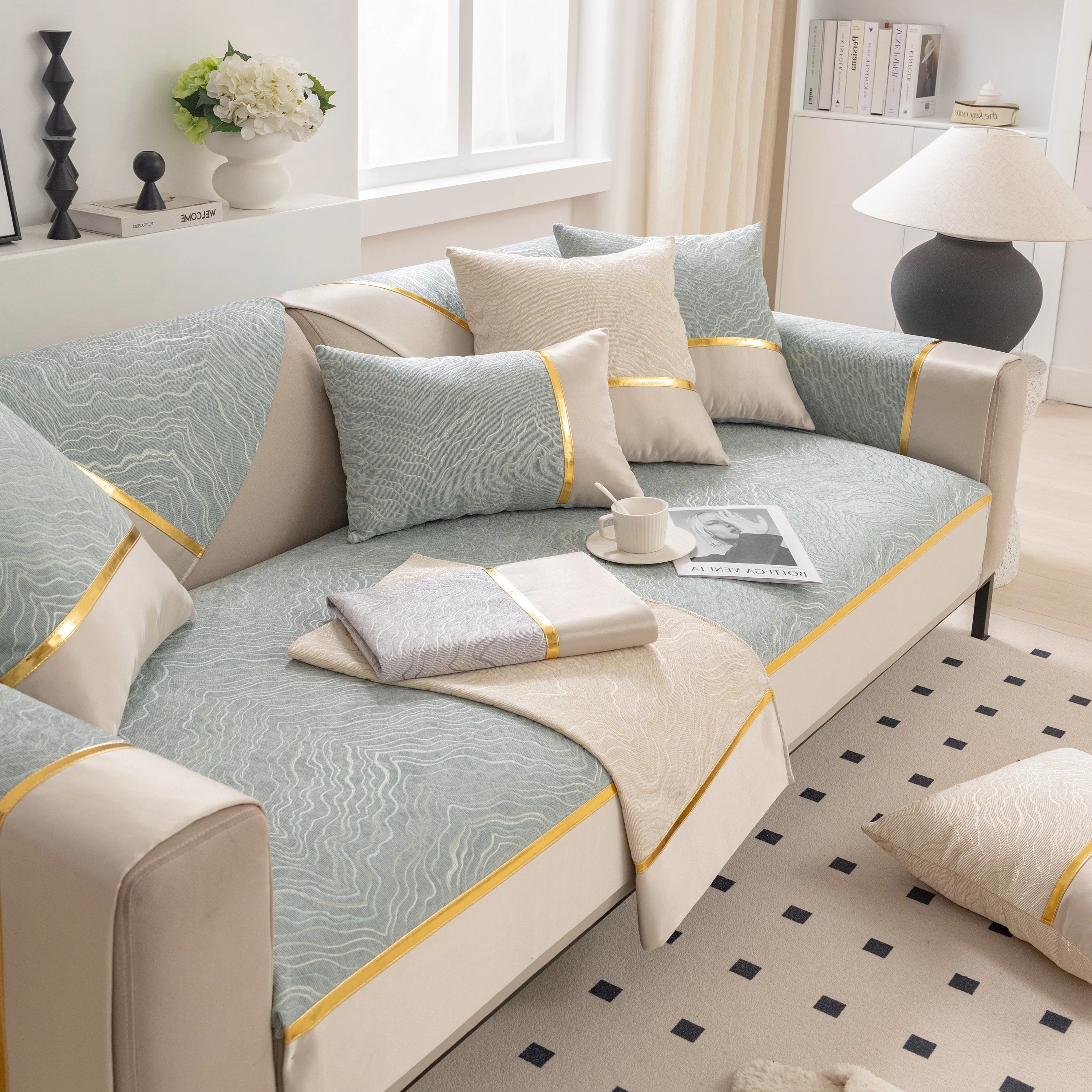 Modular Sofa Cover for Sectionals, Gold Striped Non-Slip Couch Protector - Image 60