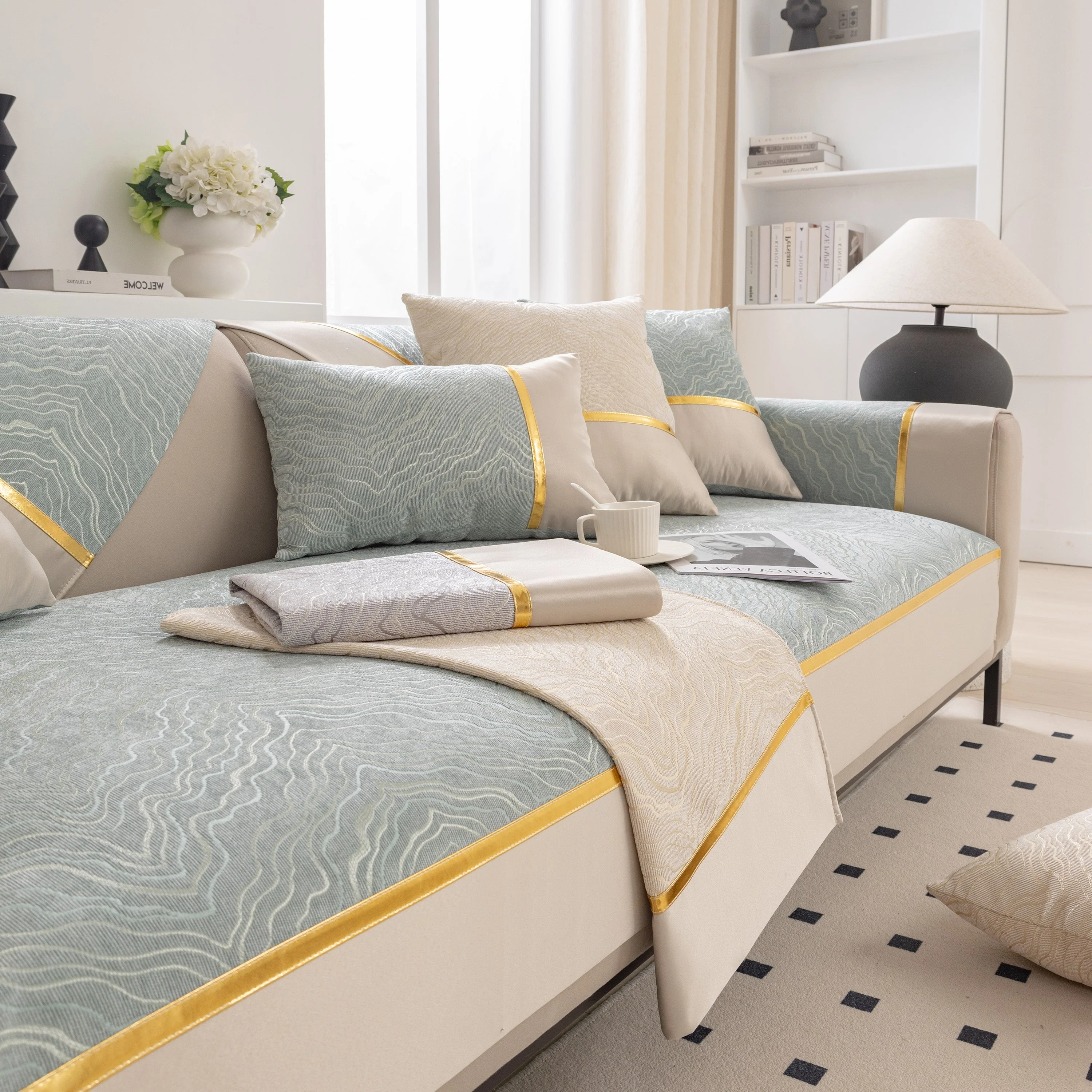 Modular Sofa Cover for Sectionals, Gold Striped Non-Slip Couch Protector - Image 61