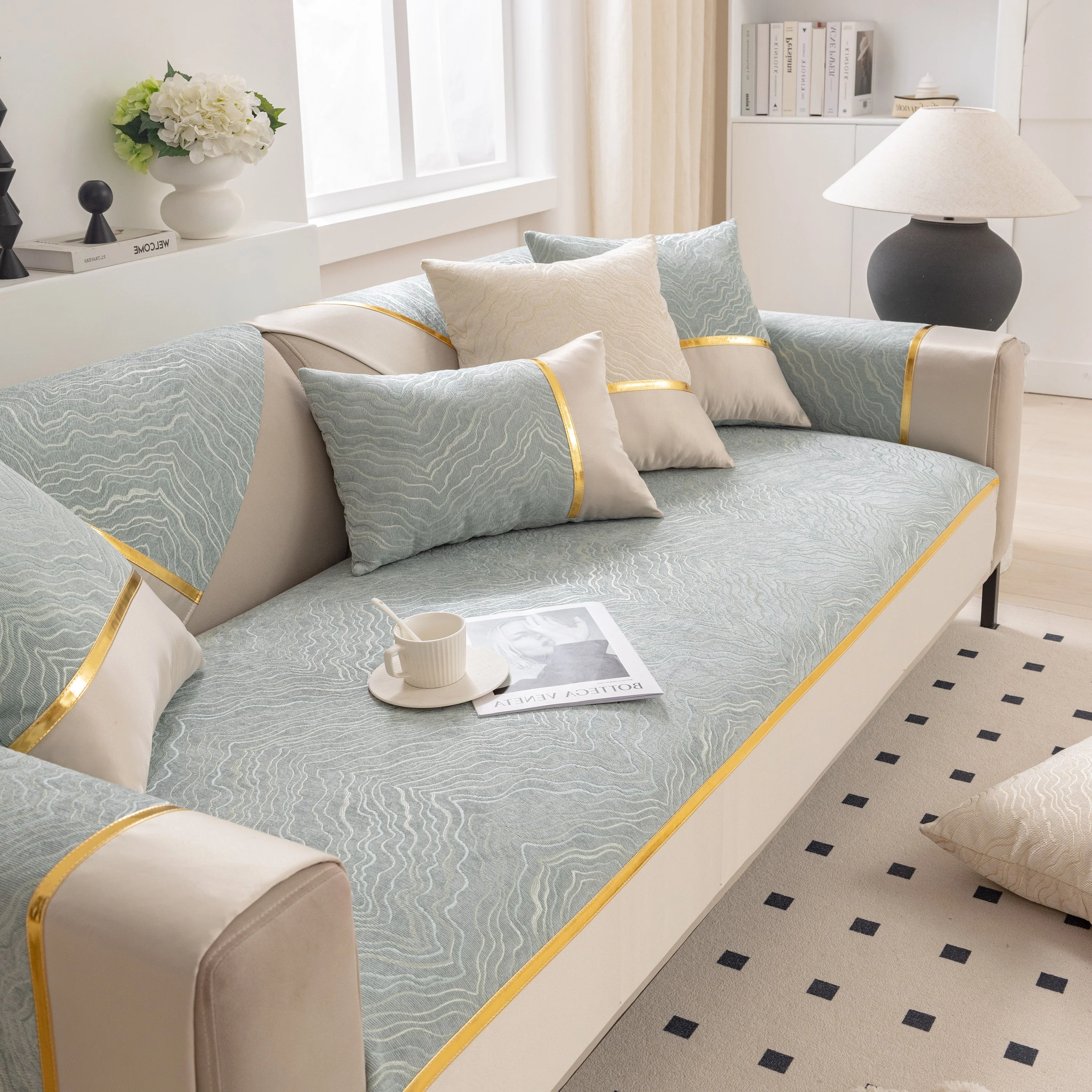 Modular Sofa Cover for Sectionals, Gold Striped Non-Slip Couch Protector - Image 62