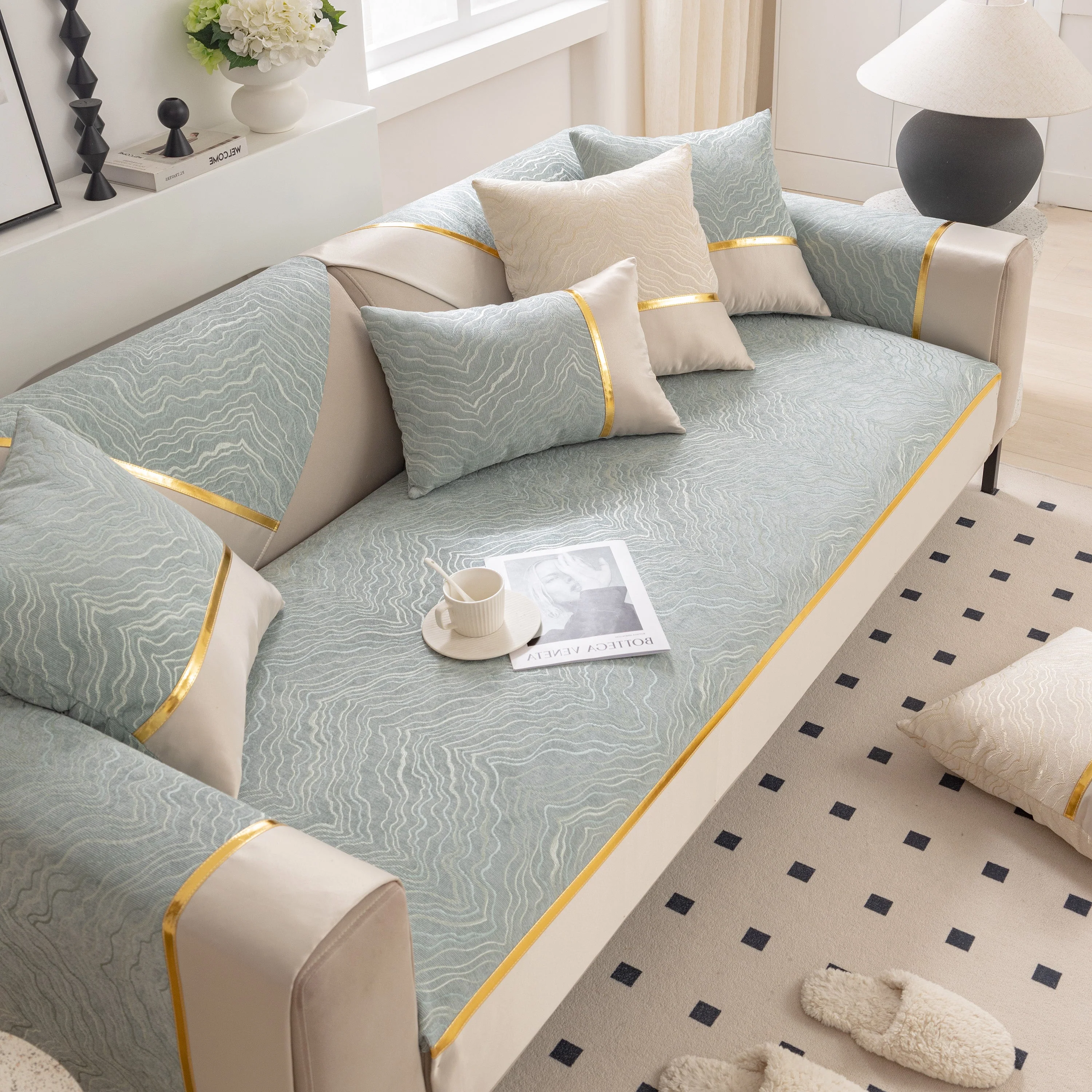 Modular Sofa Cover for Sectionals, Gold Striped Non-Slip Couch Protector - Image 63