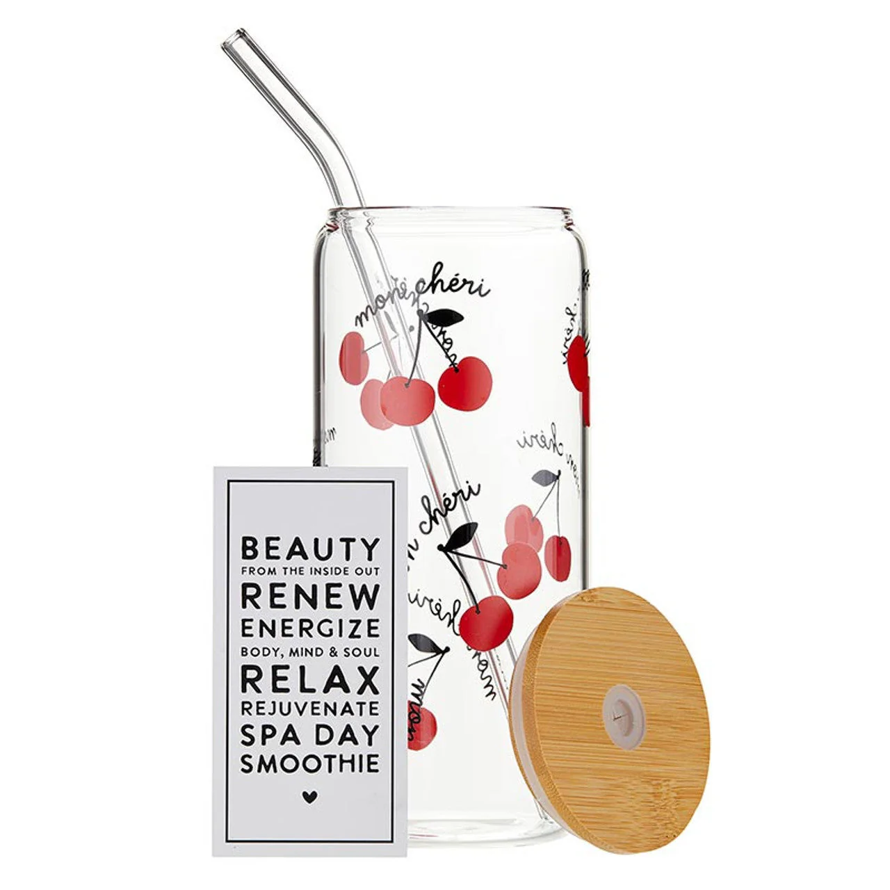 Mon Cheri Glass Tumbler with Bamboo Lid and Glass Straw | Travel Drinkware | 20oz - Image 3