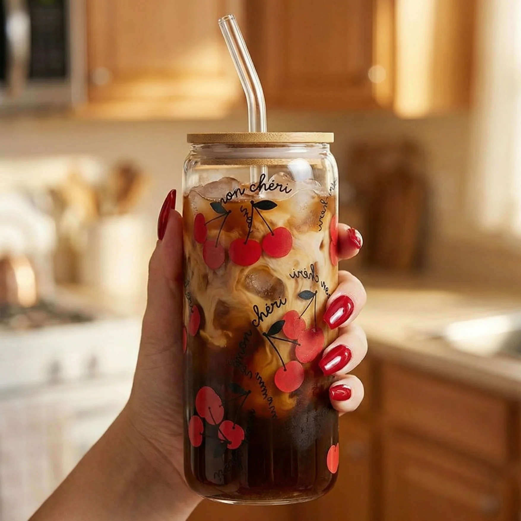 Mon Cheri Glass Tumbler with Bamboo Lid and Glass Straw | Travel Drinkware | 20oz - Image 6
