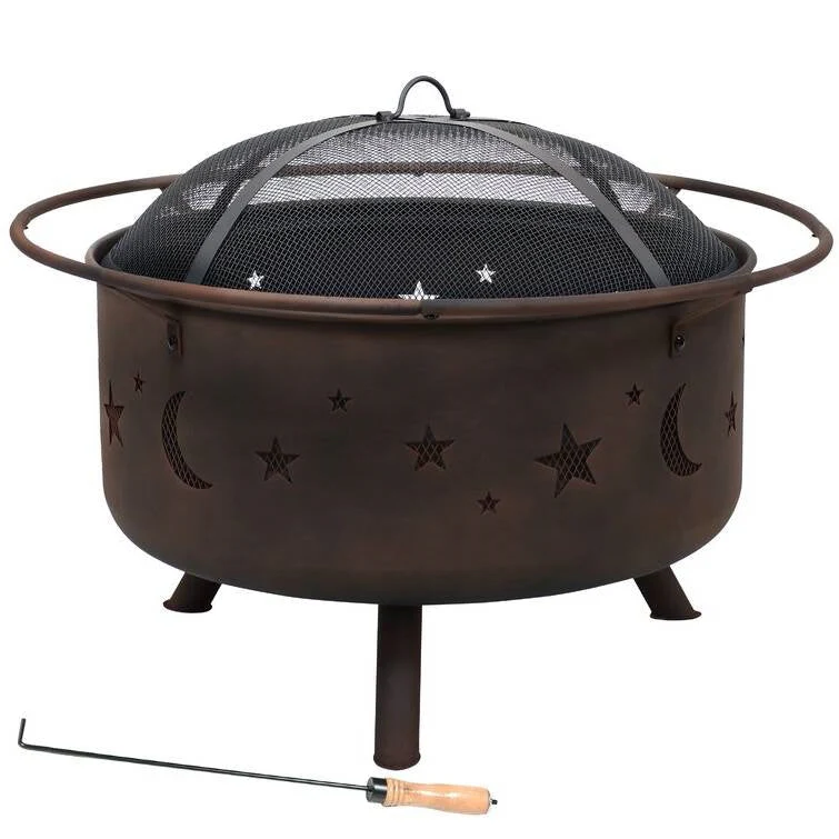 Moon Stars Sky Steel Fire Pit Bowl with Screen Cooking Grate and Poker - Image 2