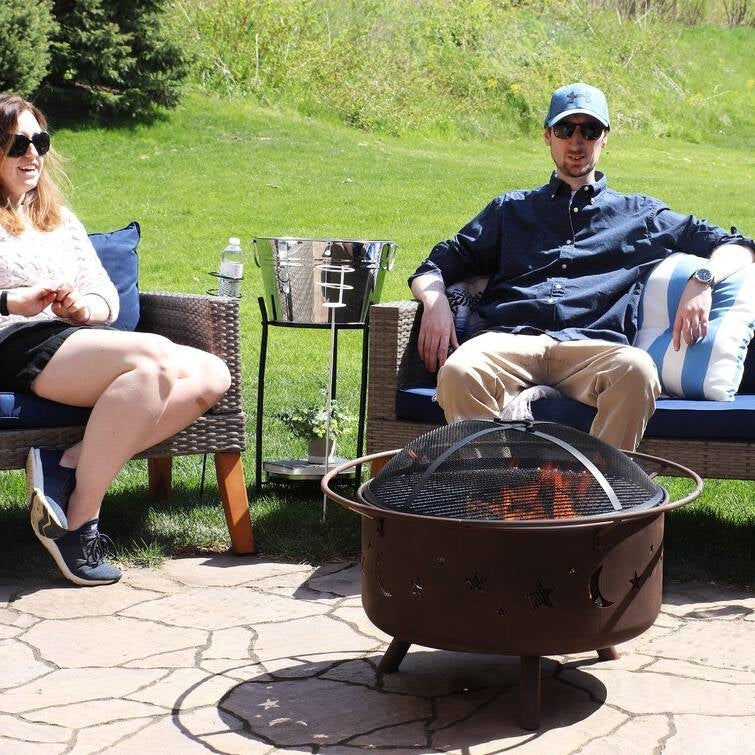 Moon Stars Sky Steel Fire Pit Bowl with Screen Cooking Grate and Poker - Image 3