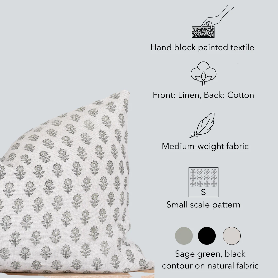 Mori Floral Block Printed Pillow Cover | Sage Green | Long Lumbar - Image 4