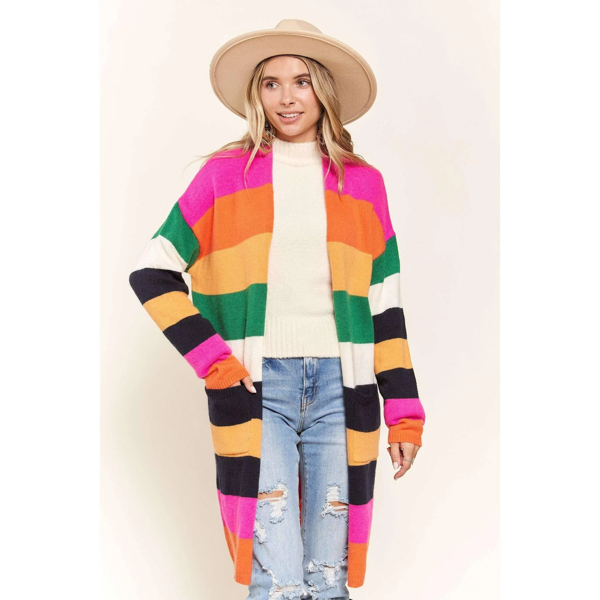 Multi Color Stripe Cardigan with Pockets | Open Front Long Knit Sweater [Sizes SM-L] - Image 10