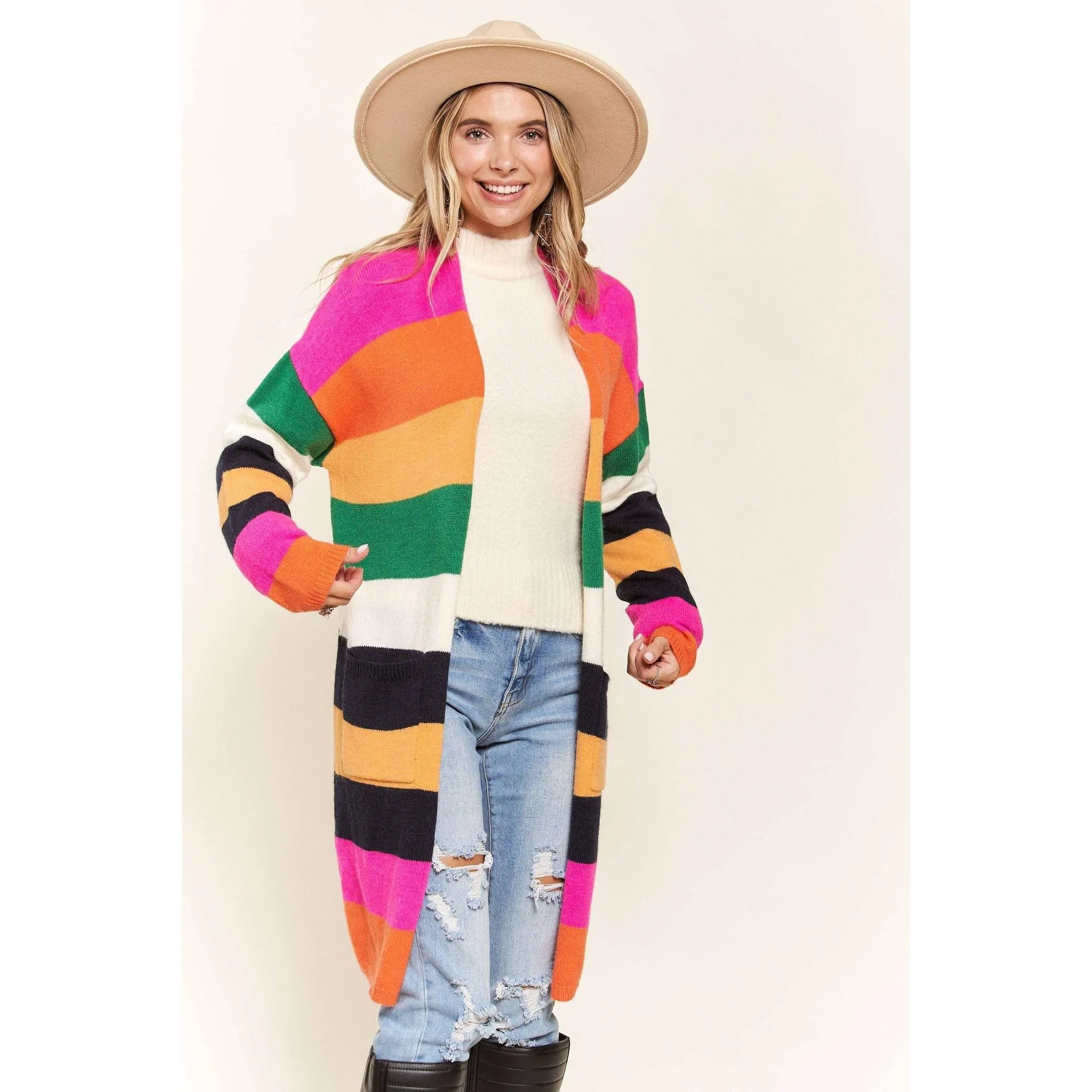 Multi Color Stripe Cardigan with Pockets | Open Front Long Knit Sweater [Sizes SM-L] - Image 11