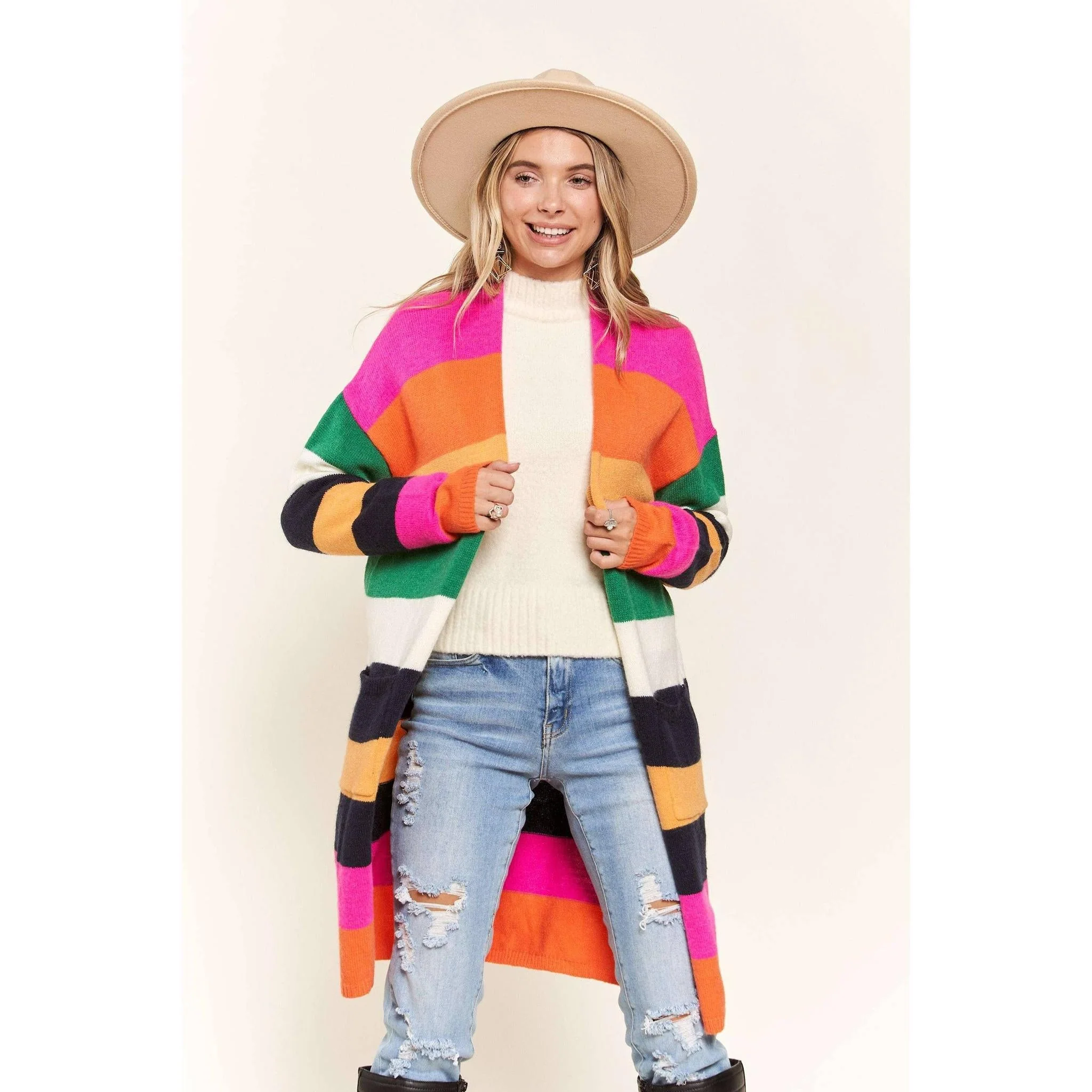 Multi Color Stripe Cardigan with Pockets | Open Front Long Knit Sweater [Sizes SM-L] - Image 12