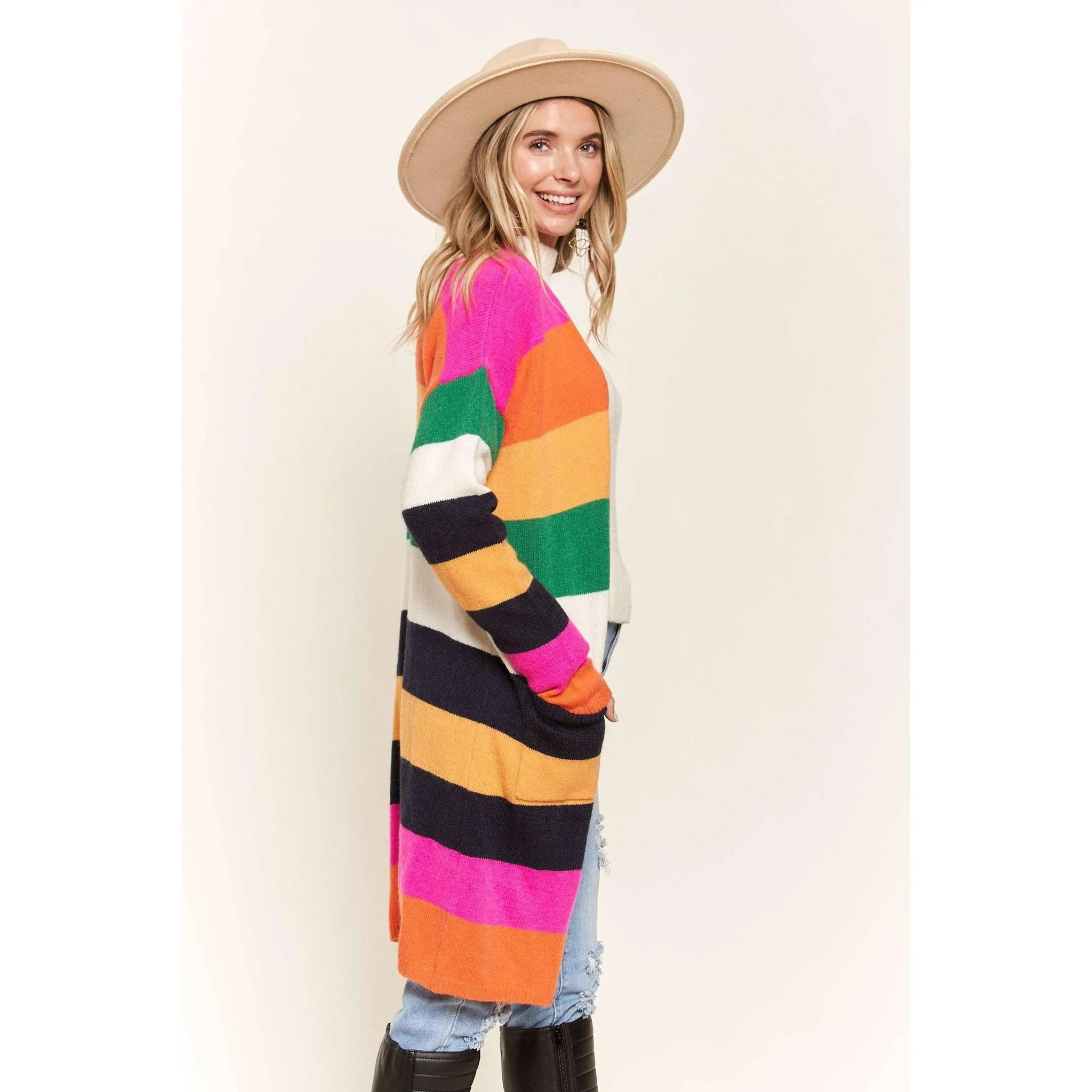 Multi Color Stripe Cardigan with Pockets | Open Front Long Knit Sweater [Sizes SM-L] - Image 13