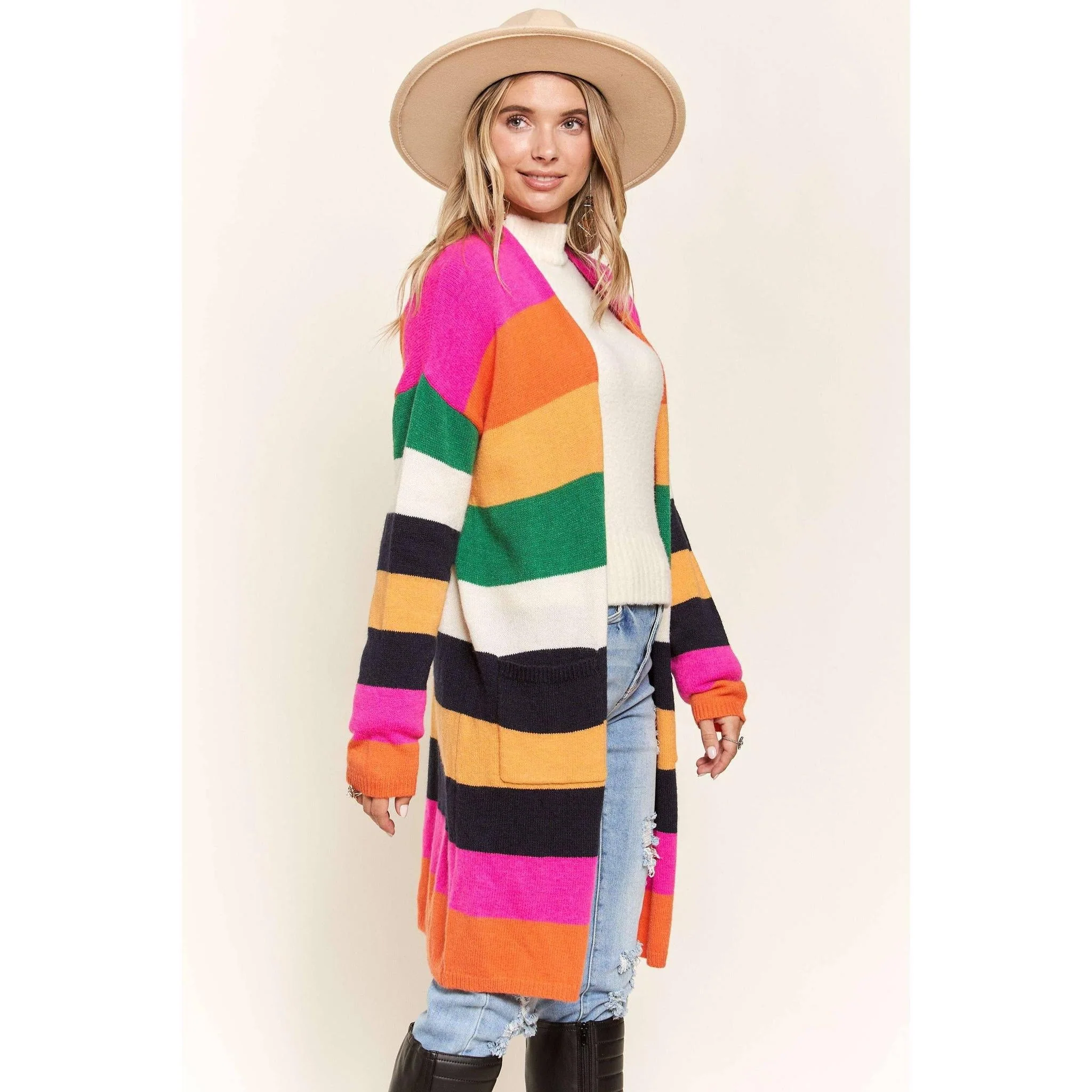 Multi Color Stripe Cardigan with Pockets | Open Front Long Knit Sweater [Sizes SM-L] - Image 14