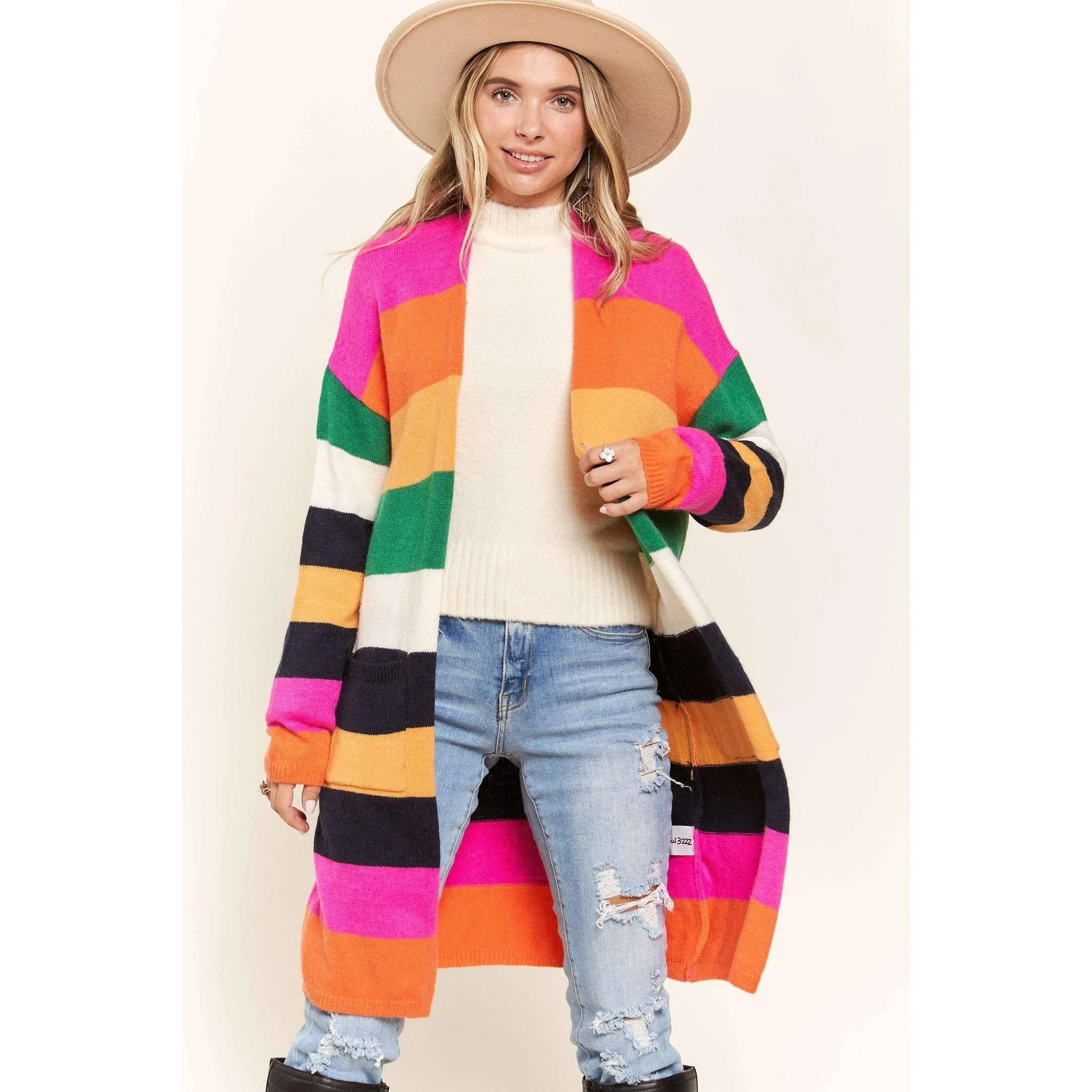 Multi Color Stripe Cardigan with Pockets | Open Front Long Knit Sweater [Sizes SM-L] - Image 15