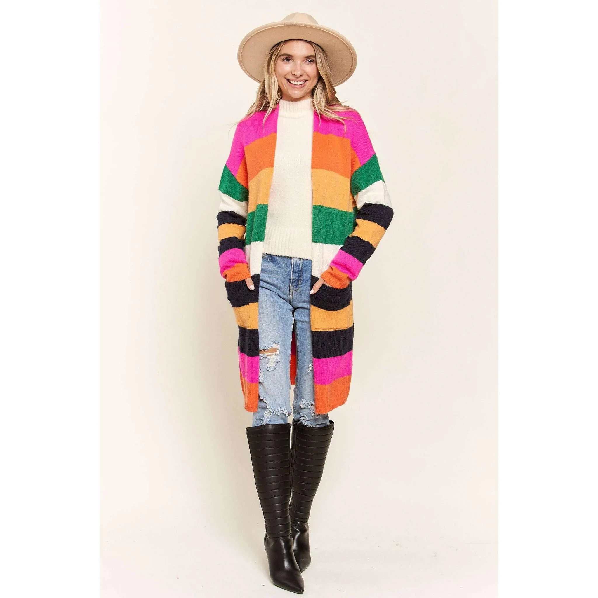 Multi Color Stripe Cardigan with Pockets | Open Front Long Knit Sweater [Sizes SM-L] - Image 2